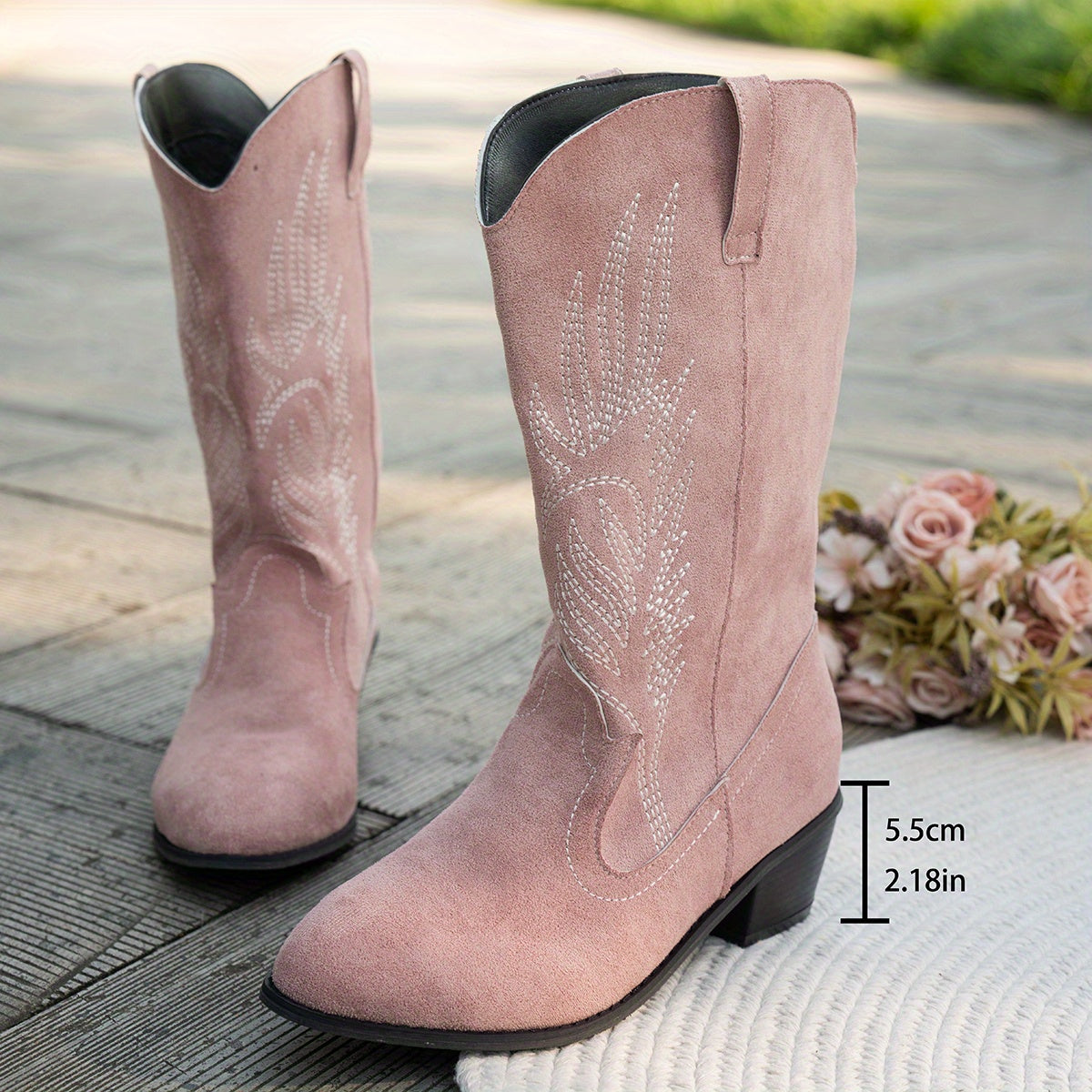 Women's Pink Western Slip-On Boots with Chunky Heel and Non-Slip Sole