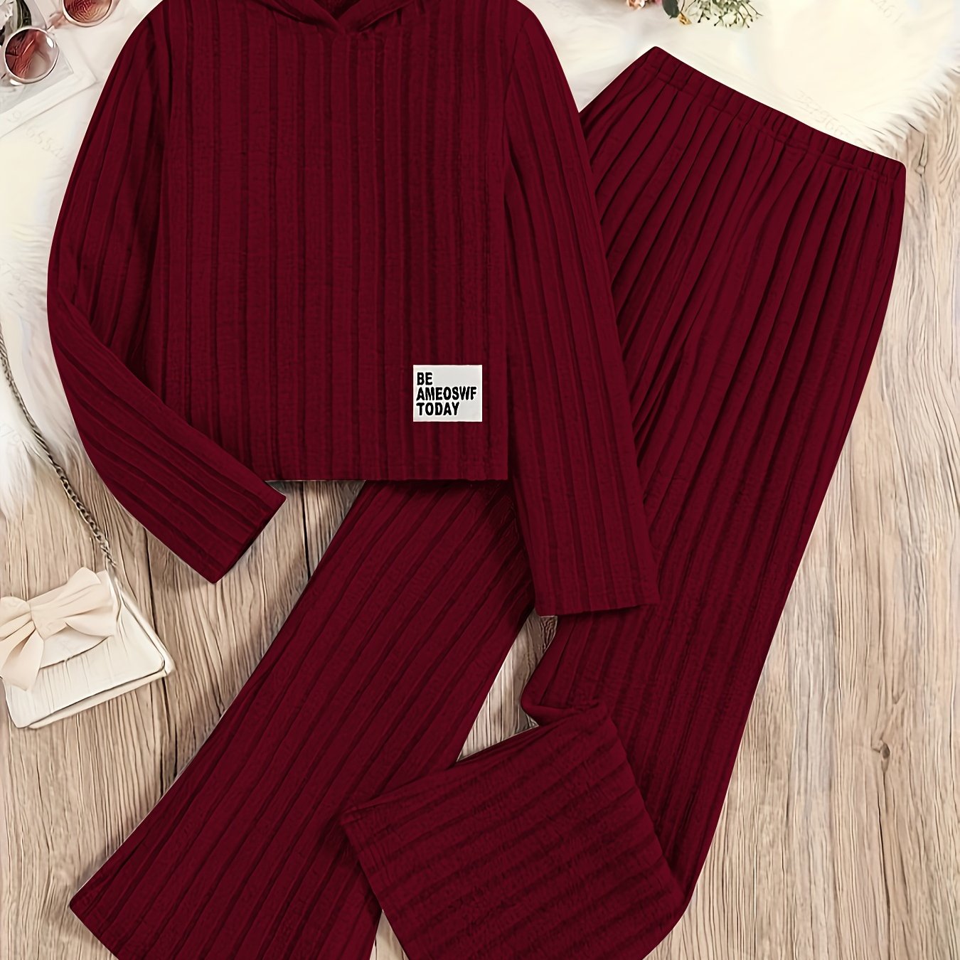 Conjunto de sudadera y pantalones de punto para niñas, de manga larga, de color sólido, poliéster, casual, para mayores de 3 años