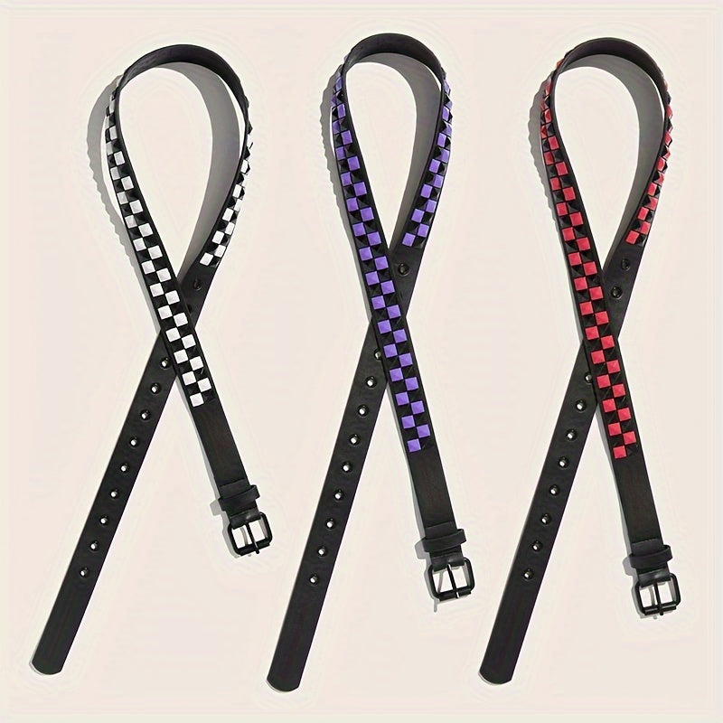 Unisex Hip Hop Belt with Studded Checkered Design Waistband for Jeans