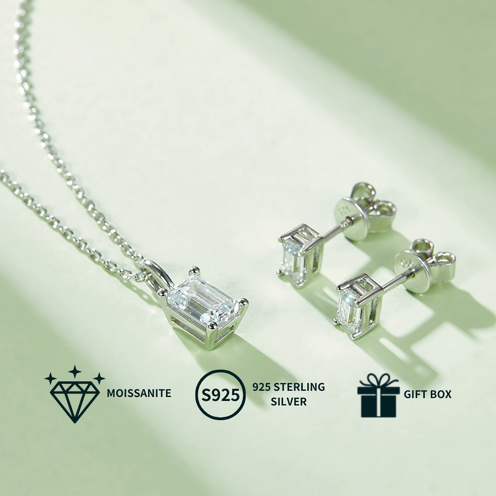 Elegant Moissanite Jewelry Set with Pendant Necklace and Stud Earrings 925 Silver Plated