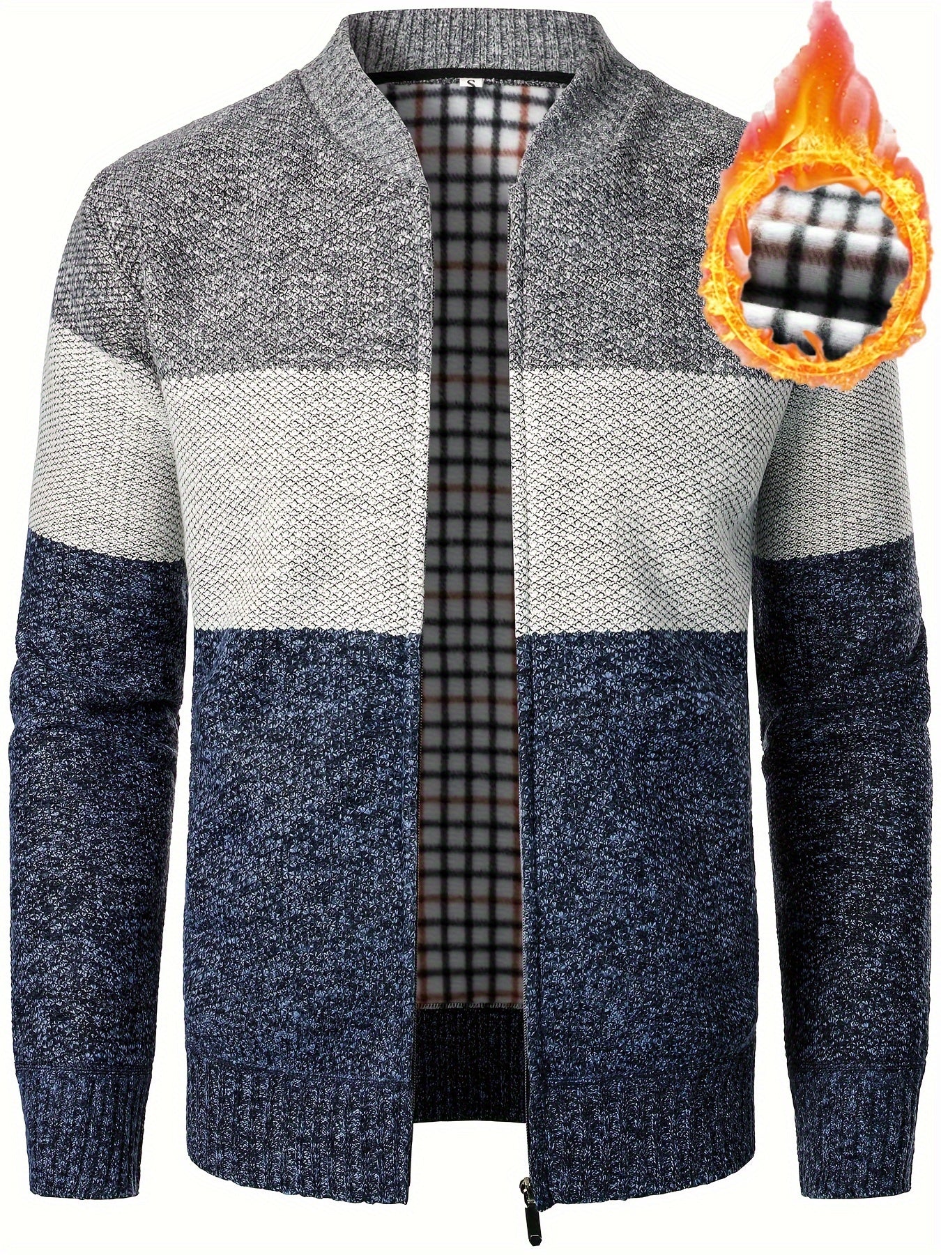 Men's High Neck Fleece Jacket with Color Block Knit Zip-Up Outerwear for Fall Winter
