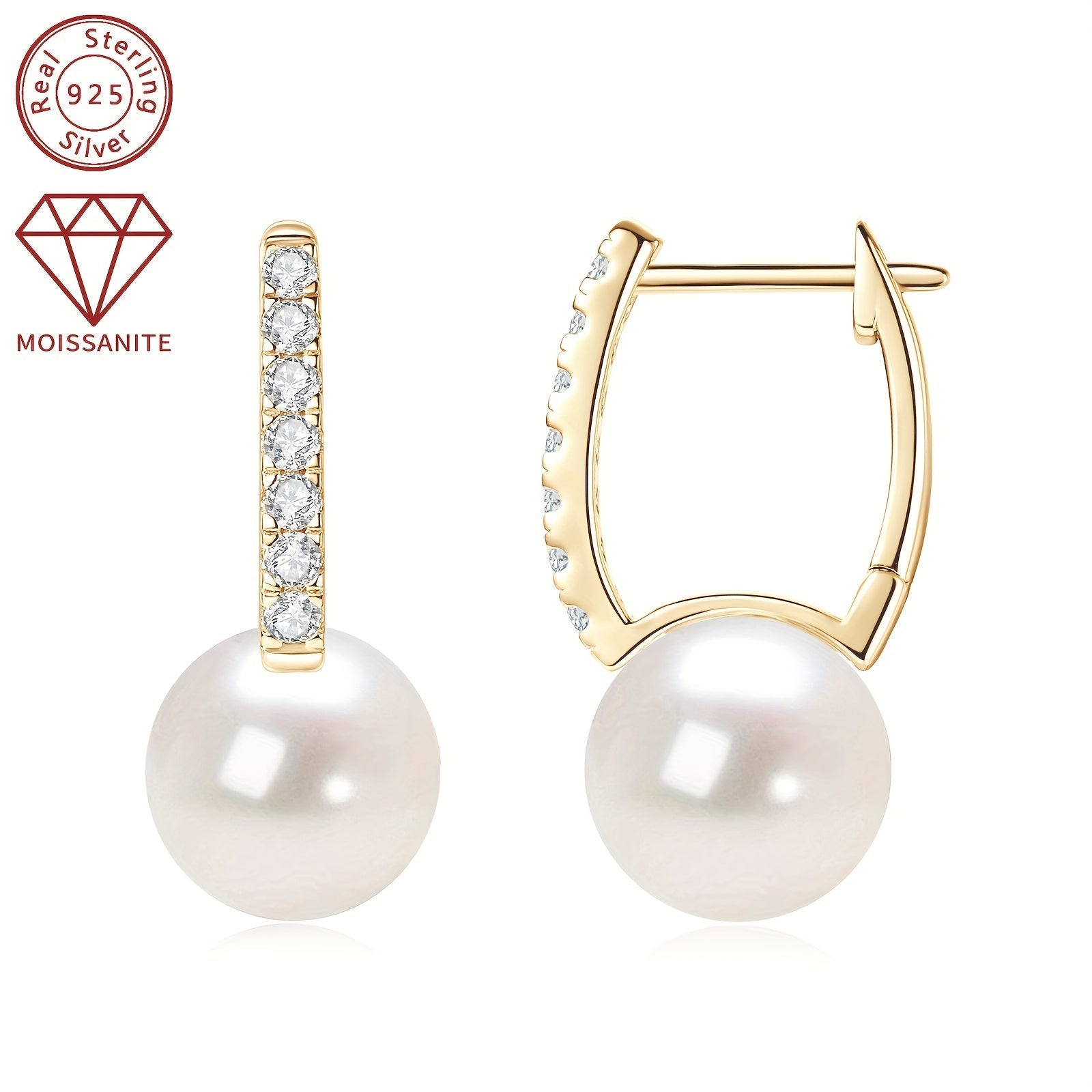 Women's Silver Pearl Earrings with Moissanite 9.5-10mm Freshwater White Pearls