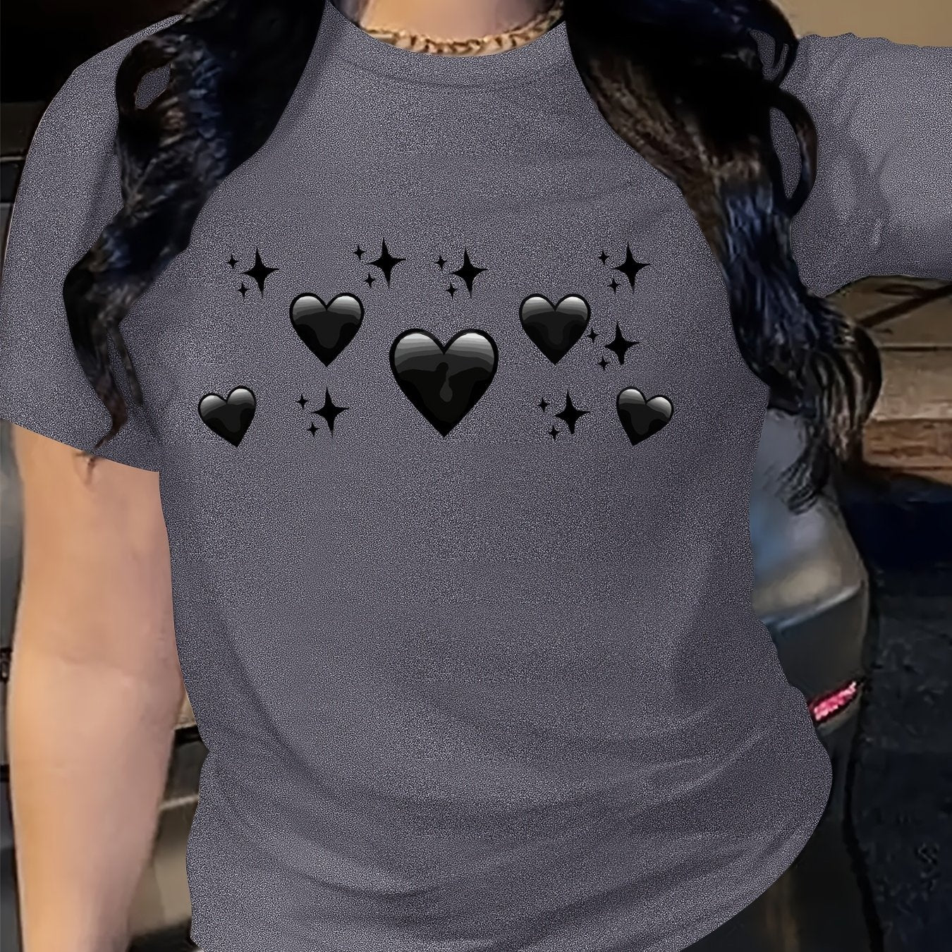 Women's Oversized Bright Pink T-Shirt with Black Heart & Star Print Casual Top