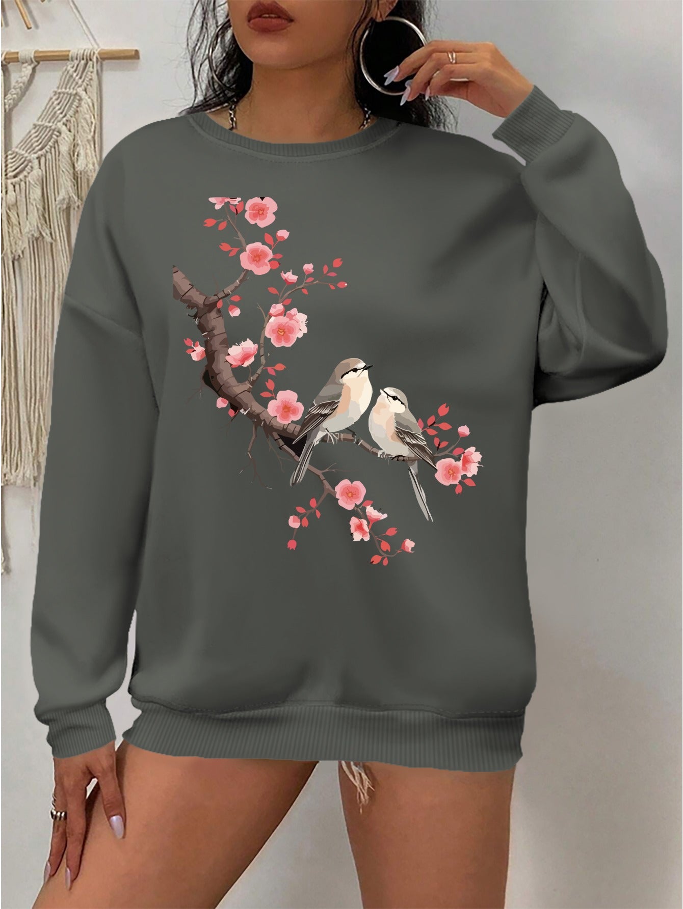Plus Size Womens Floral Sweatshirt Casual Crew Neck Pullover Long Sleeves