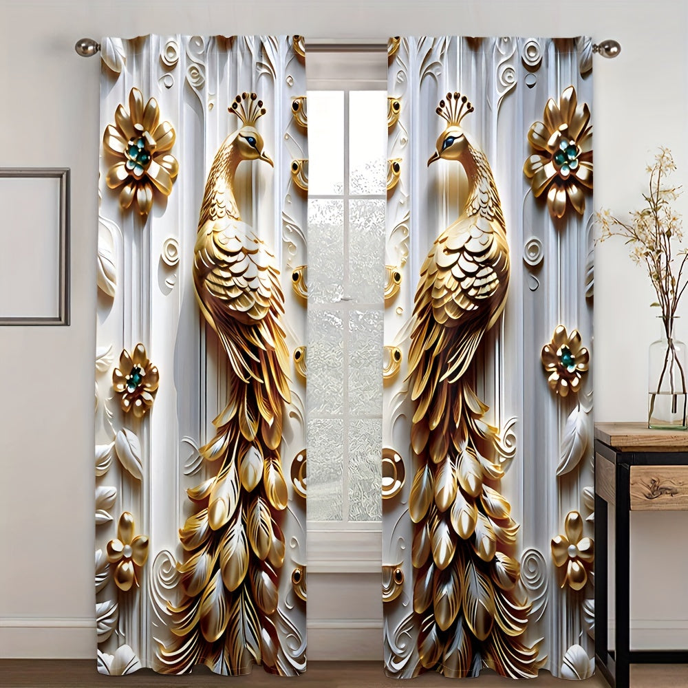 Golden Peacock Floral Print Semi-Sheer Polyester Curtains Rod Pocket for Living Room Bedroom Kitchen