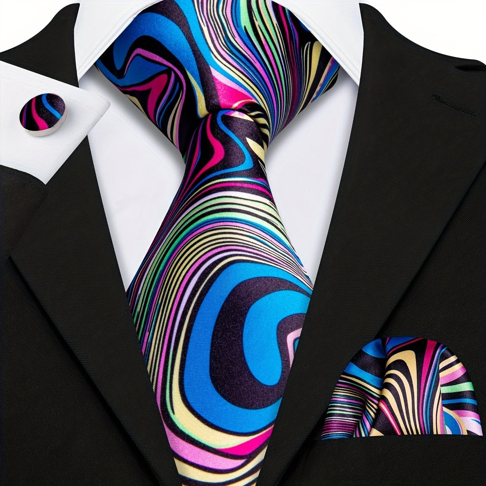 Men's Formal Wedding Tie Set with Jacquard Striped Necktie Pocket Square and Cufflinks