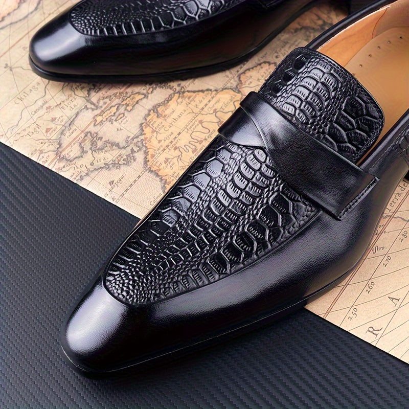 Mocasines de cuero con patrón de cocodrilo negro para hombre, con punta afilada, sin cordones, zapatos de vestir para negocios informales, para todas las estaciones