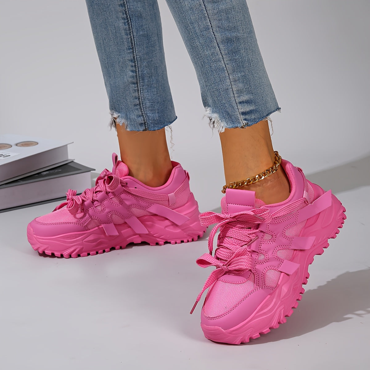 Women's Pink High-Top Sneakers with Lace-Up Design and Lightweight EVA Sole