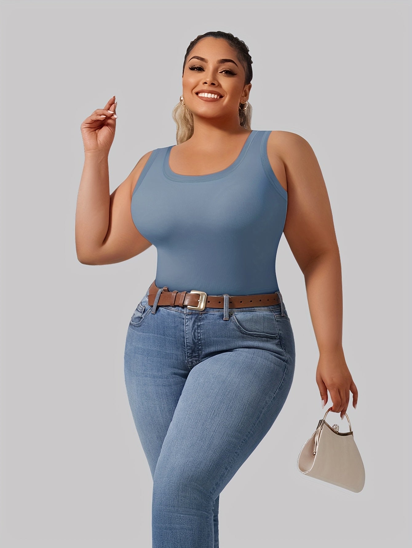 Large U-Shape Vest for Women with Built-In Coaster Ribbed Bottoming Casual Sleeveless Knit Top