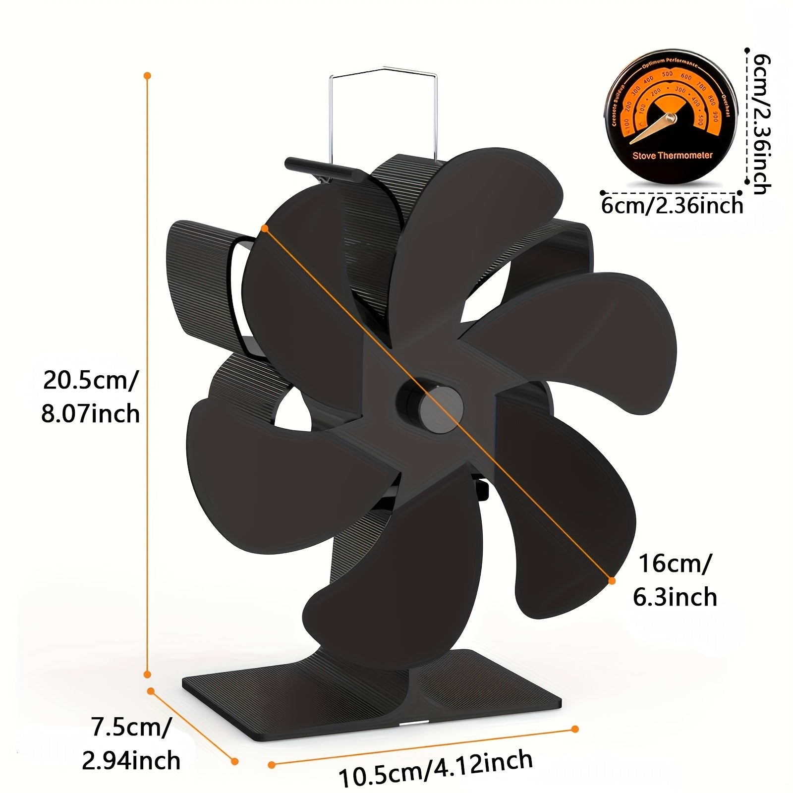 Ventilador portátil de aluminio para chimenea con termómetro, protección contra sobrecalentamiento, uso en interiores y exteriores