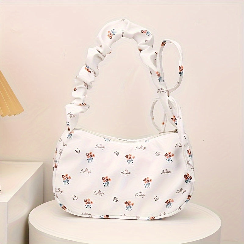 Women's Floral Nylon Shoulder Bag with Fixed Strap and Zipper Closure