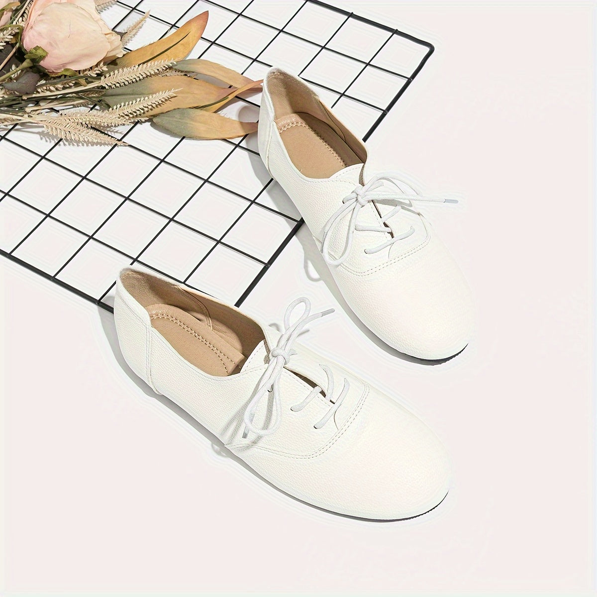 Women’s Microfiber Ballet Flats Solid Color Round Toe Lace Up Black Low Heel Shoes