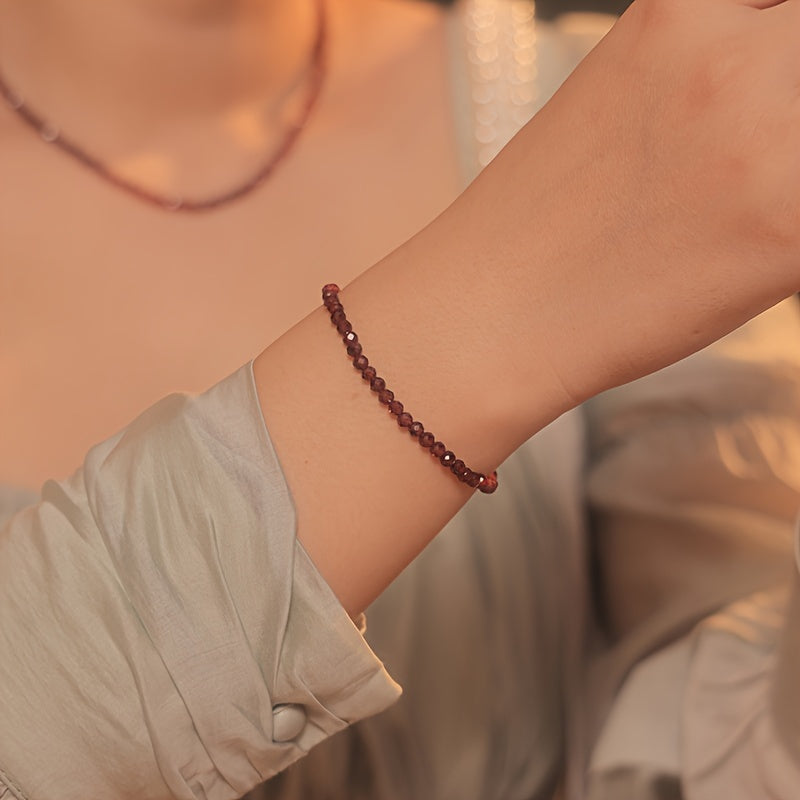 Garnet Jewelry Set with Beaded Necklace and Bracelet Boho Style Natural Gemstone Hypoallergenic Dual Layer Silk Thread