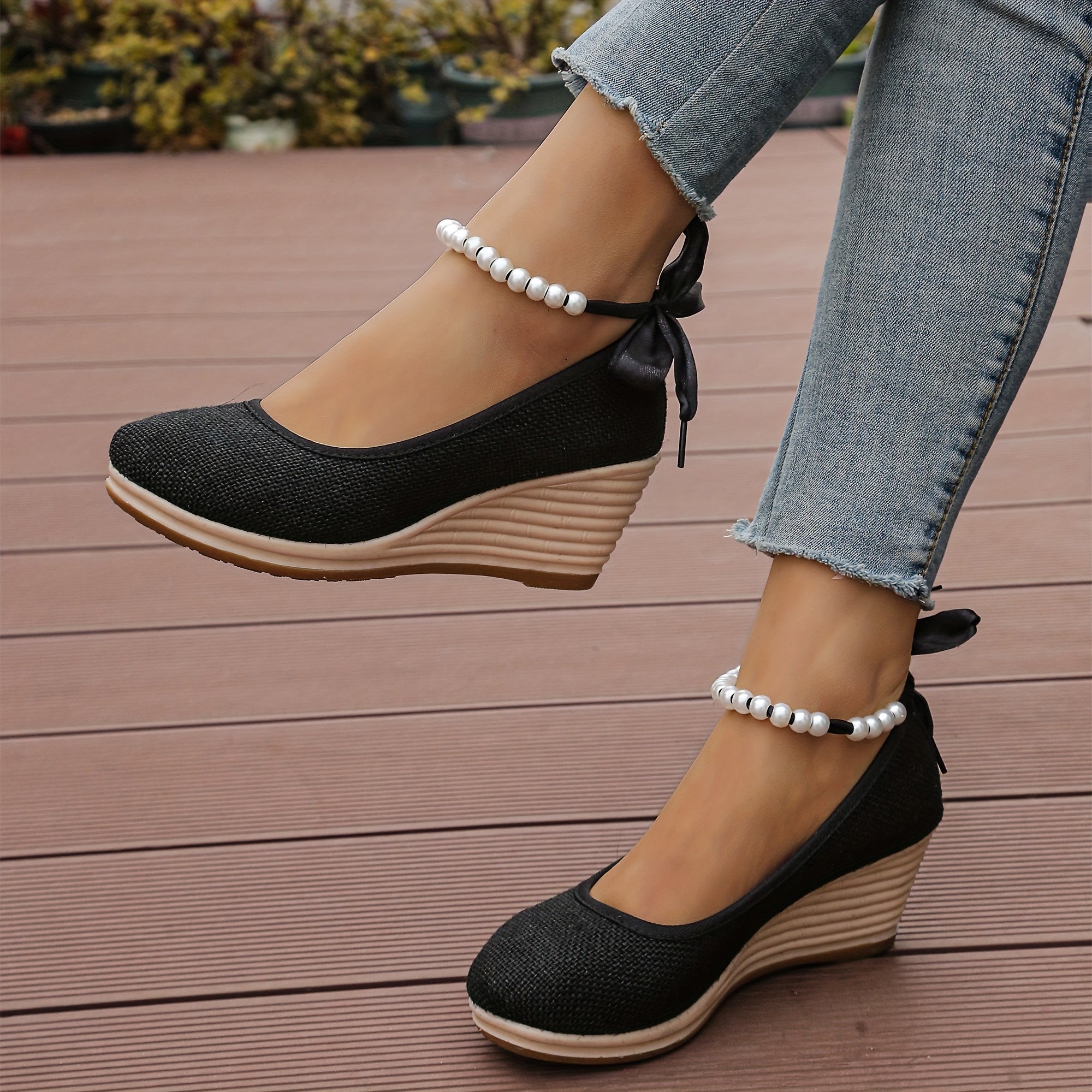 Women's Black Linen Wedge Heel Pumps Round-Toe Shoes with Ankle Bracelets