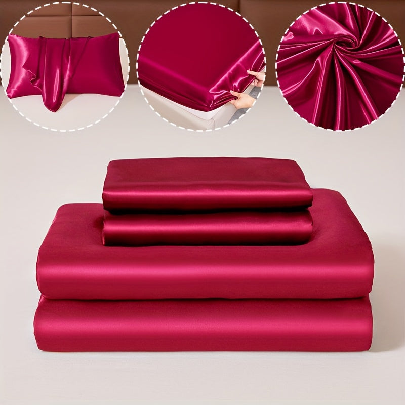 100% Polyester Satin to'plami, bitta varaq va ikkita yostiq qopqog'idan iborat (yadro yo'q). Teriga do'st, yumshoq va ipakdek matodan tayyorlangan, talabalar yotoqxonalari yoki kundalik uy to'shagi uchun mukammal. Yil davomida matrasni himoya qiladi va