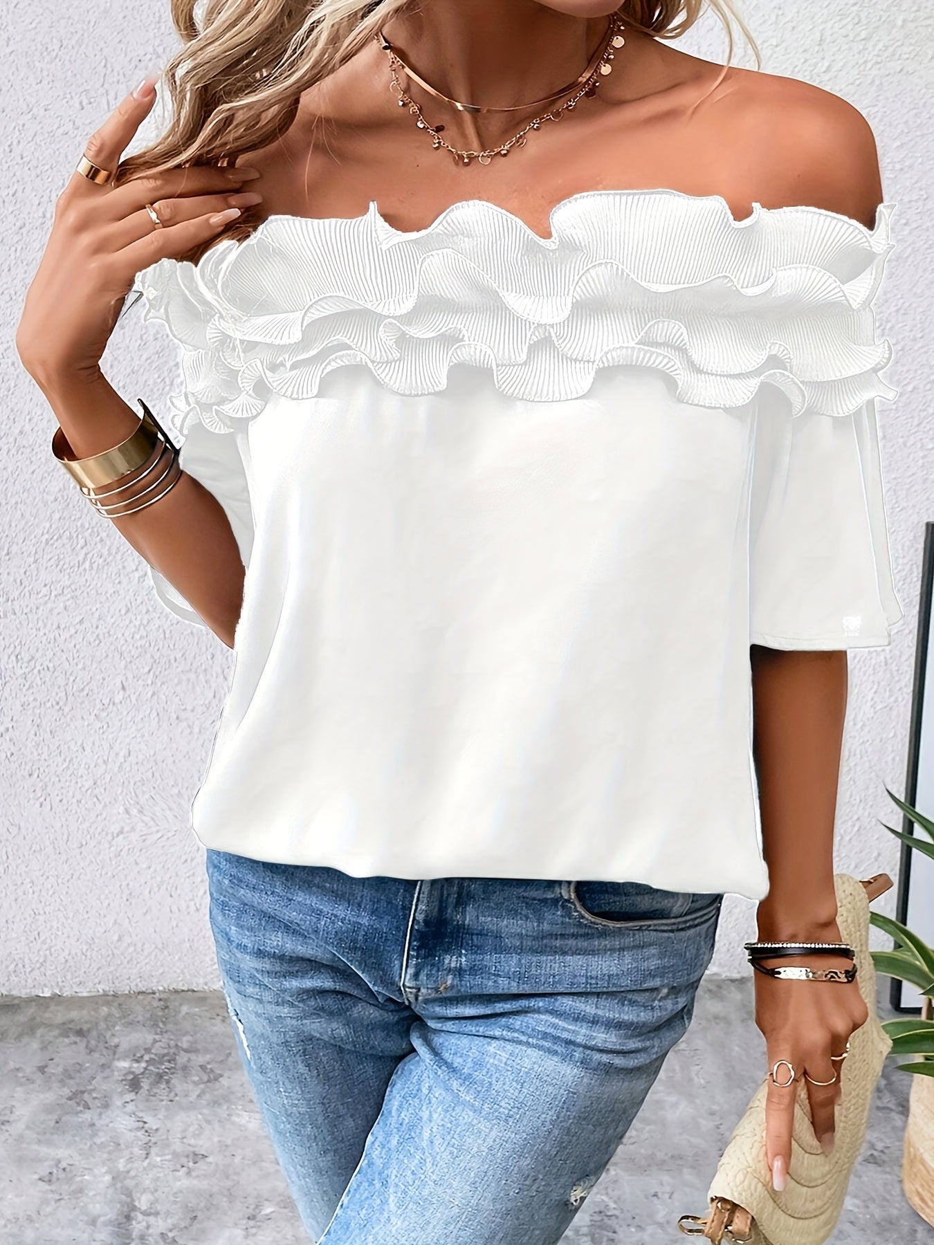 Women's White Off-Shoulder Blouse Ruffled Hem Spring Summer Autumn
