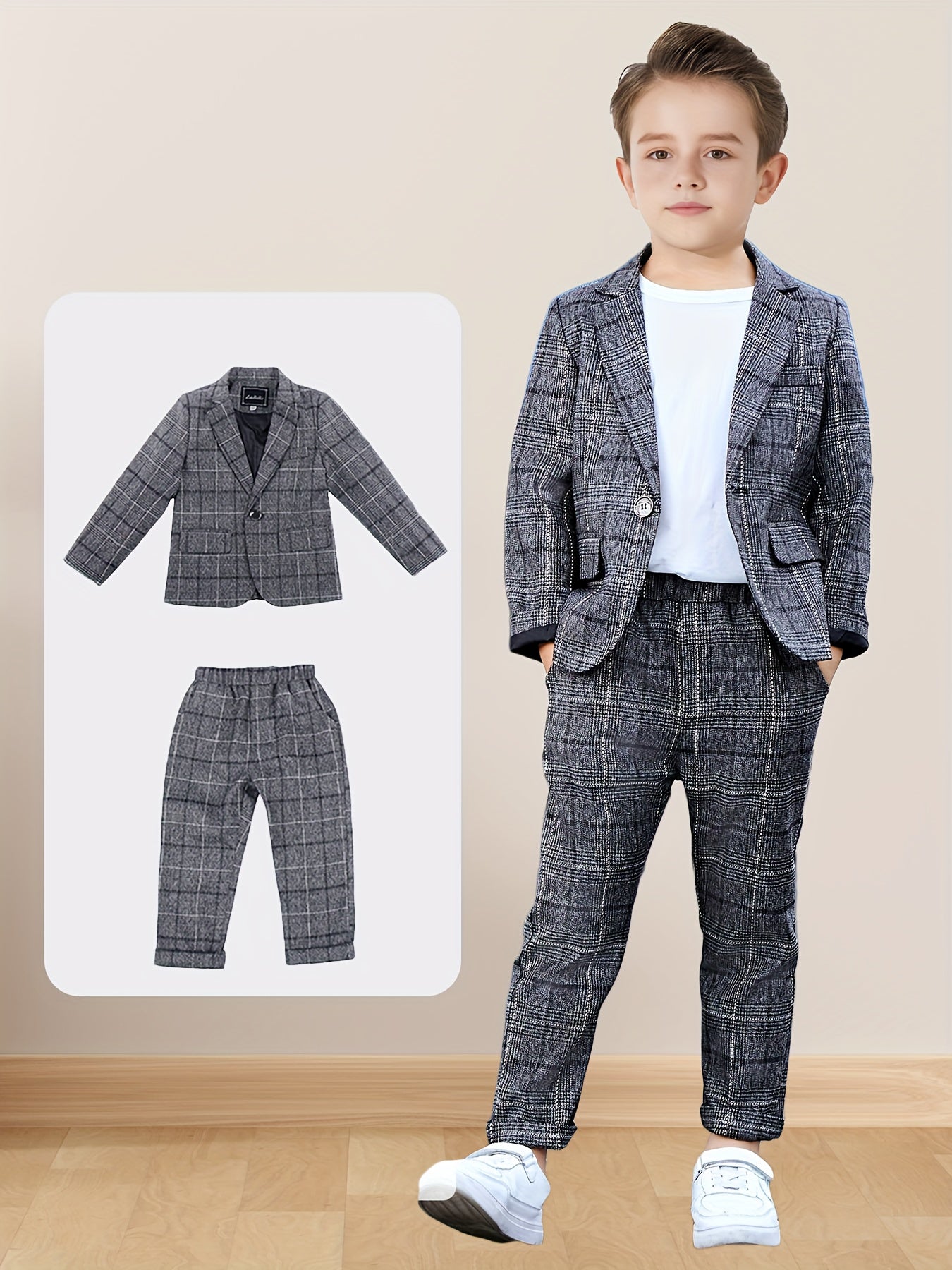 Boys Plaid Suit Set for Spring Fall Formal Events Over 3 Years Old Polyester Blend Korean Style