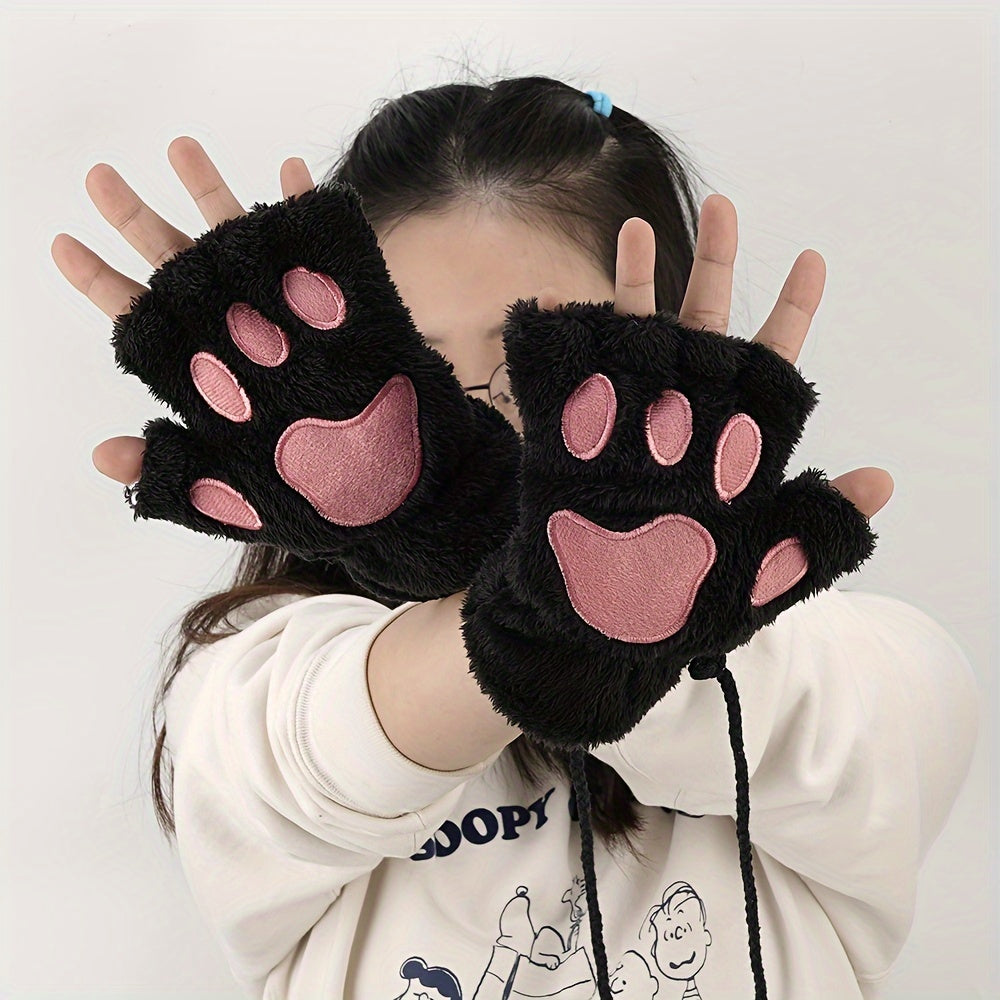 Cozy Cat Paw Fingerless Gloves for Girls Soft Cotton Blend Black Pink Heart Design