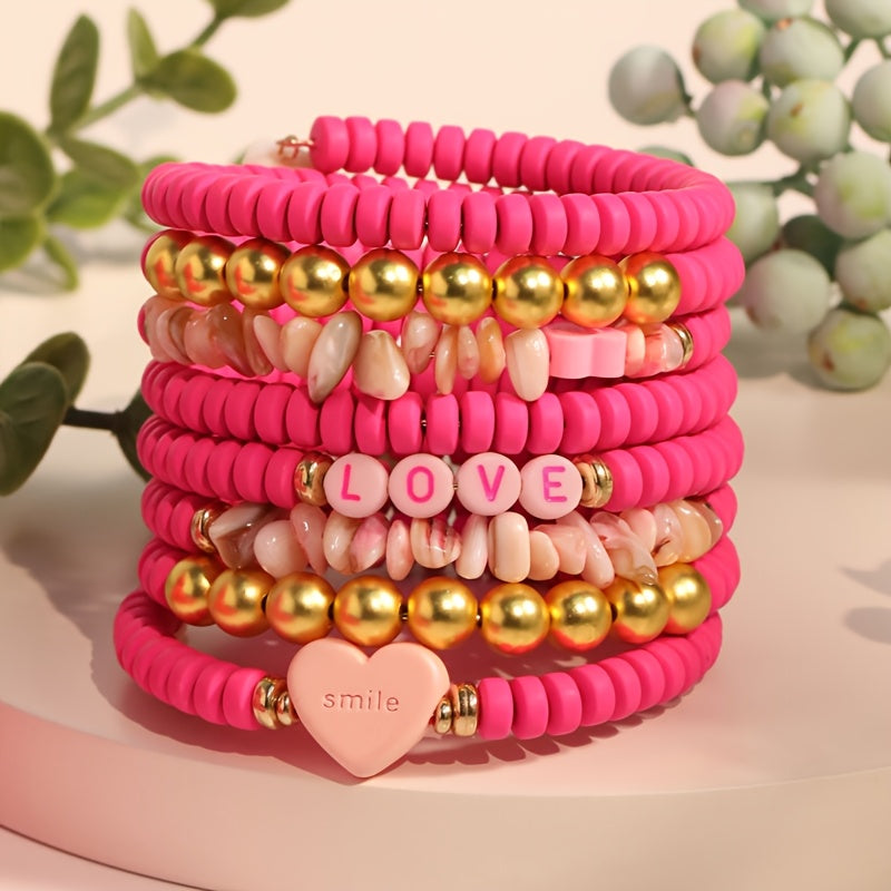 Pink Resin Beaded Heart Love Bracelet for Women Bohemian Style Valentine’s Day Accessory