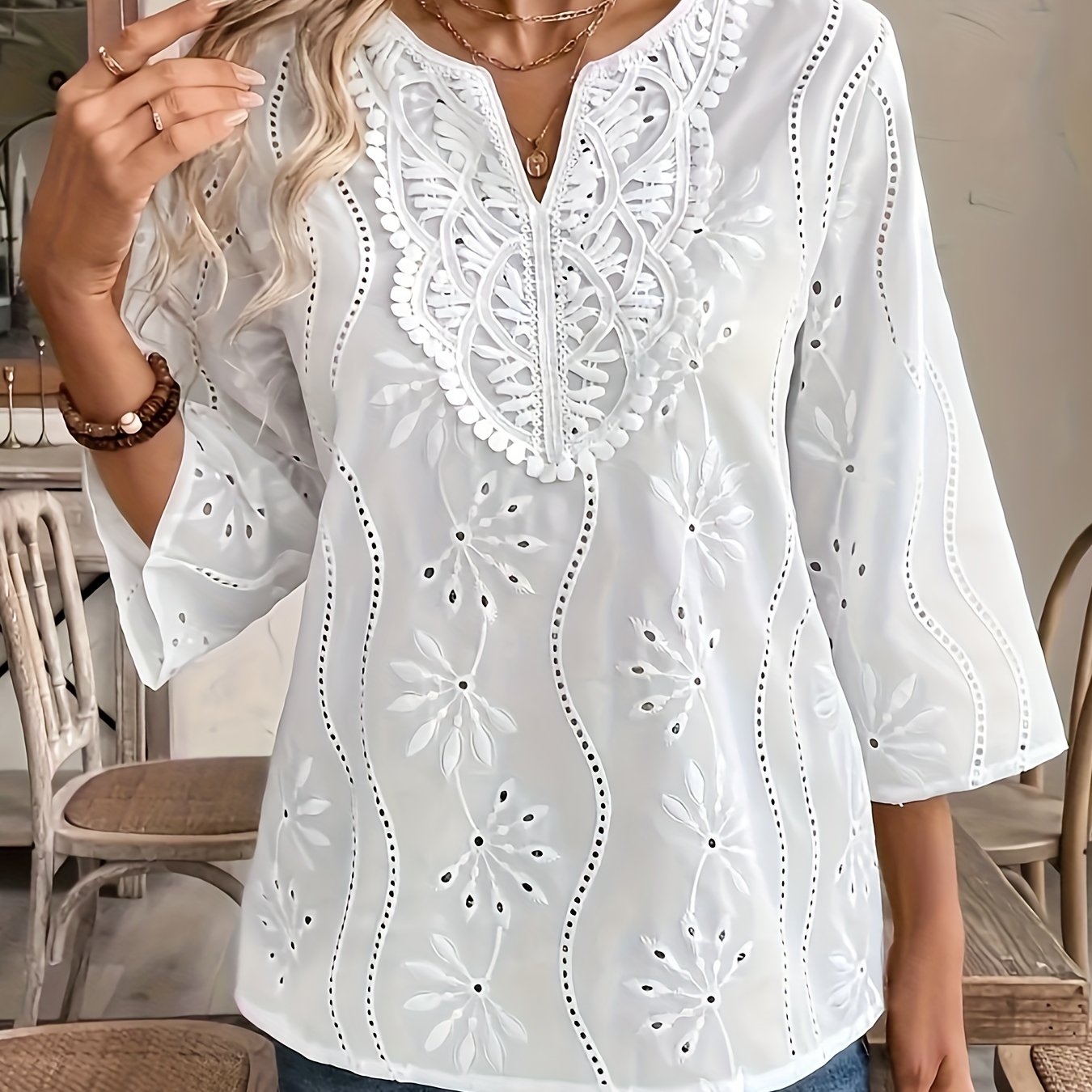 Women's V-Neck Blouse with Lace Detail Solid Cotton Blend Spring Summer Fall