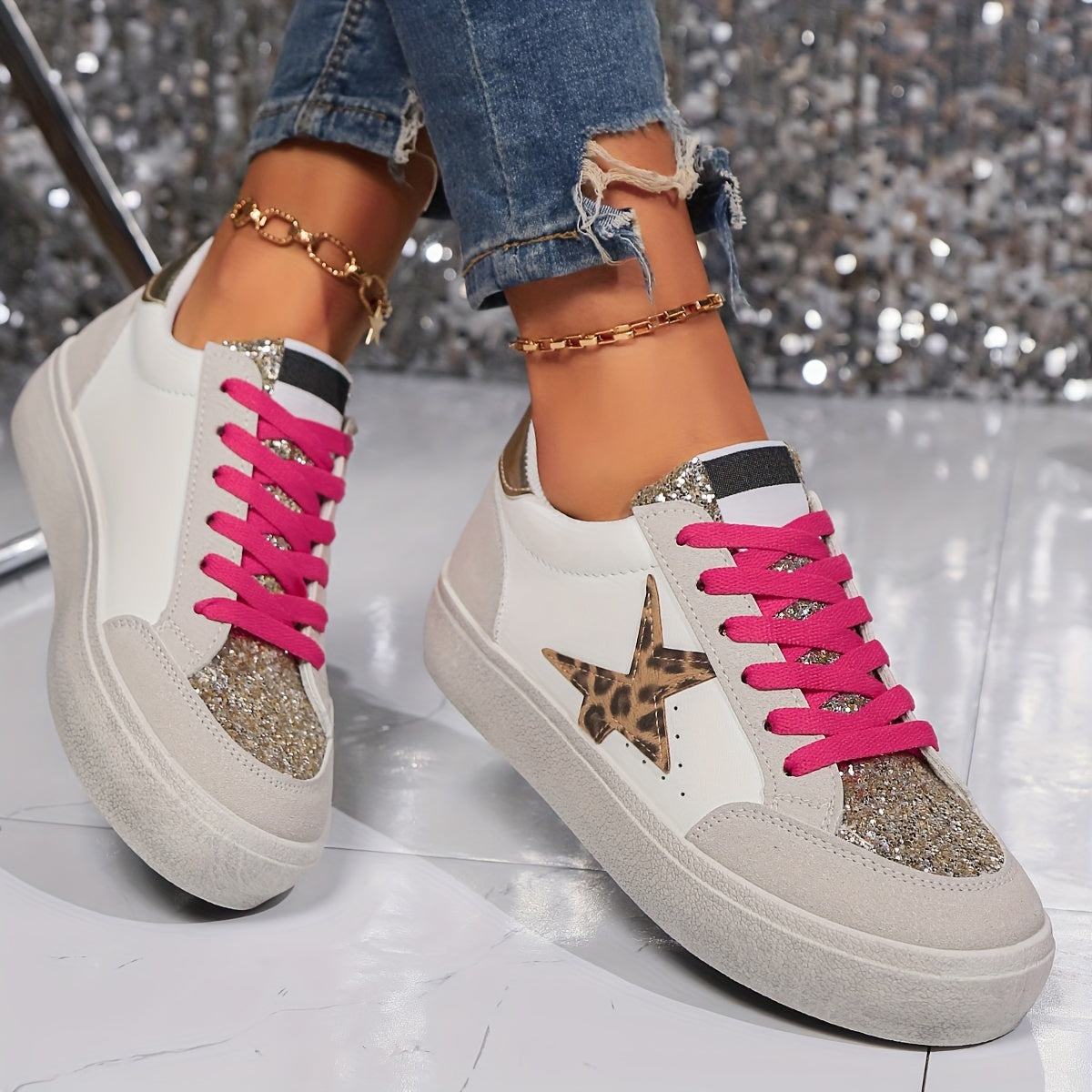 Women's Low-Top Sneakers Lace-Up Glitter Sequin Leopard Casual Shoes