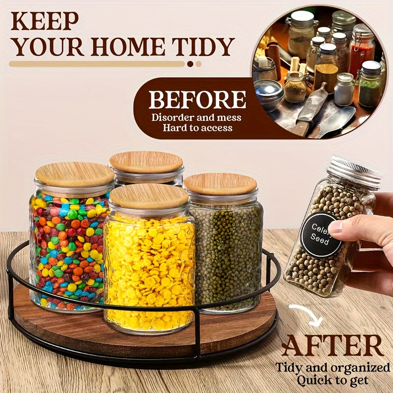 Wooden Rotating Storage Rack with Steel Handrails Kitchen Seasoning Turntable Solid Wood Organizer