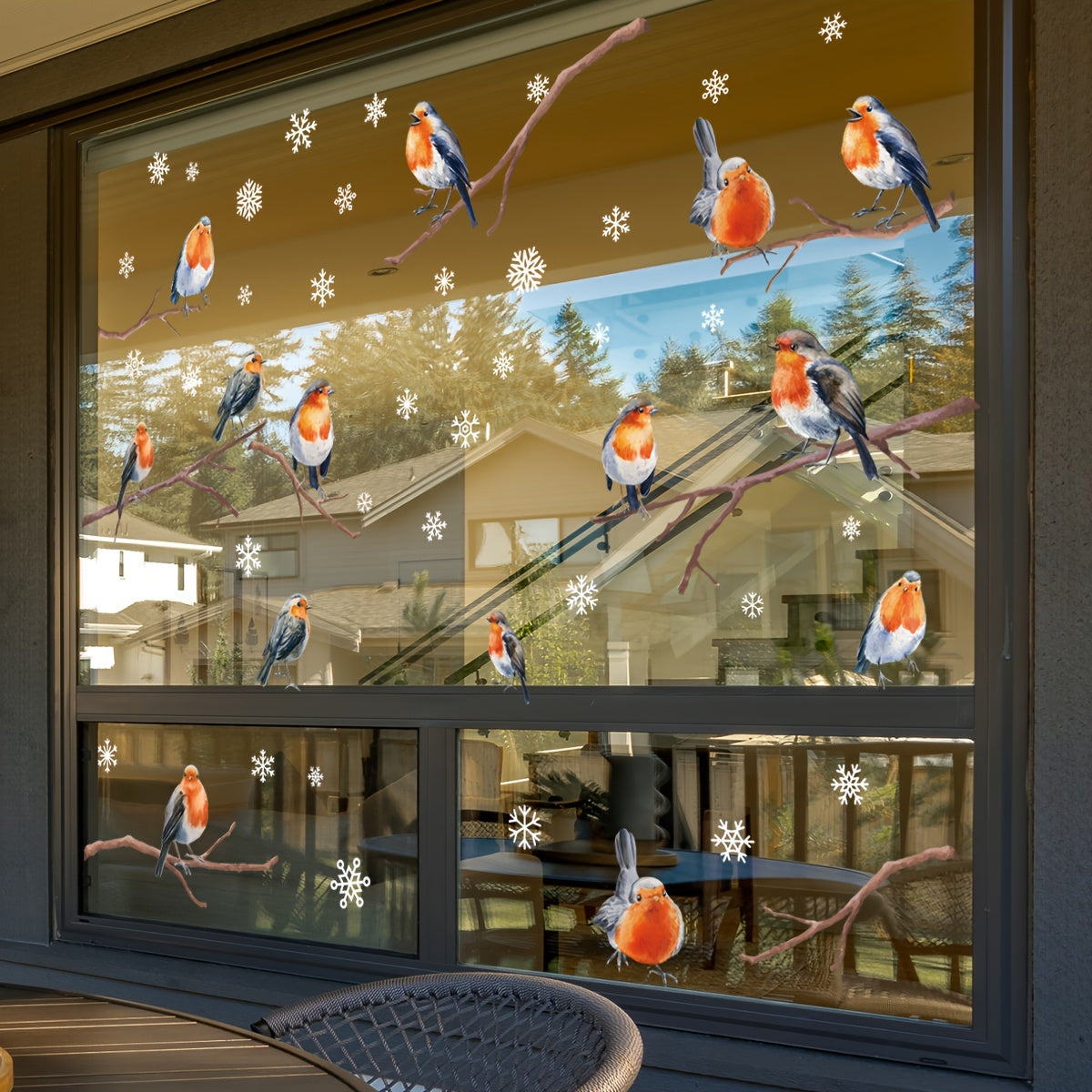 Large Snowflake Branch Birds Window Clings Set of 4 Electrostatic Stickers for Glass Winter Holiday Decorations