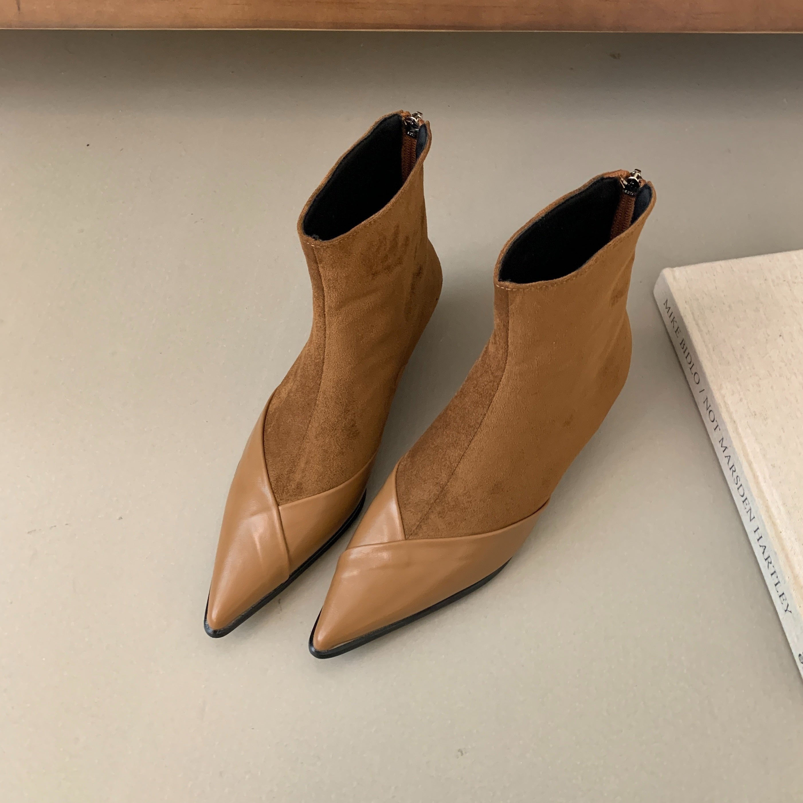 Women's Ankle Booties Flannel Patchwork Pointed Toe Low Heel Winter