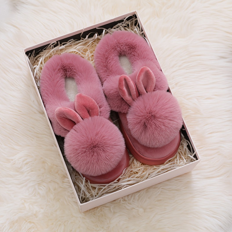 Unisex Warm Faux Fur Rabbit-Ear Slippers Indoor Outdoor Cozy House Shoes