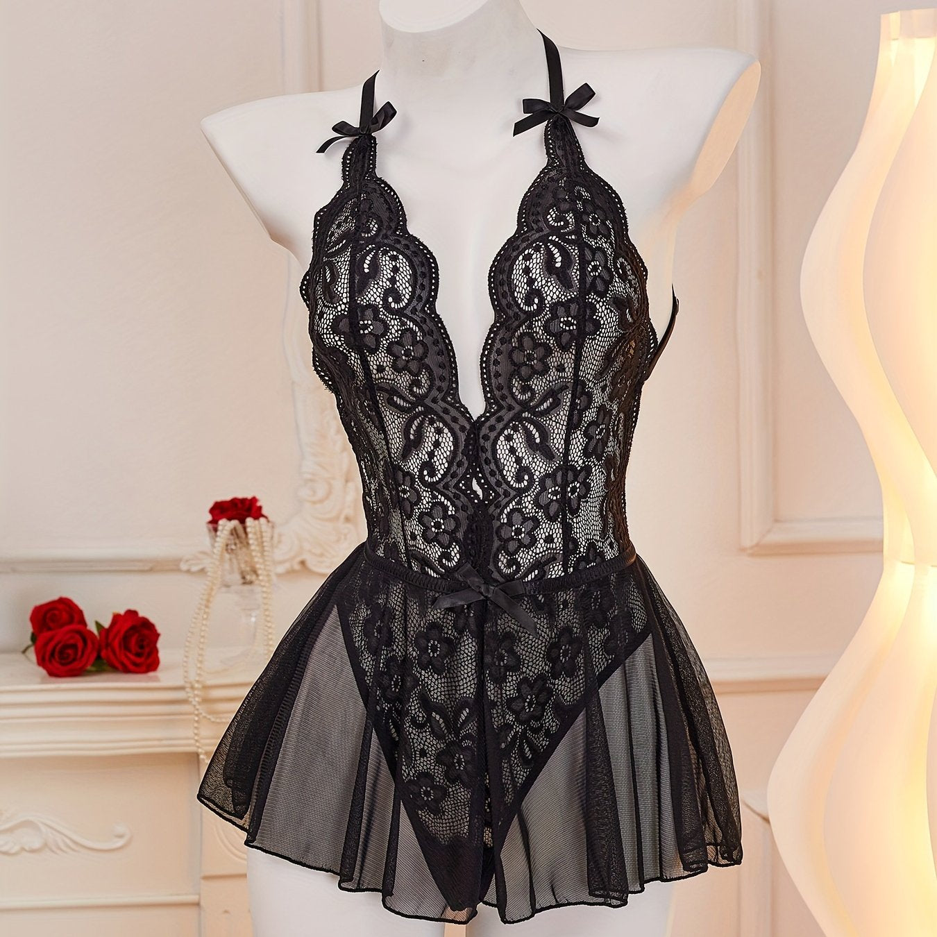 Women’s Lace Bodysuit Deep V Halter Backless Hollow Details Polyamide Elastane Solid