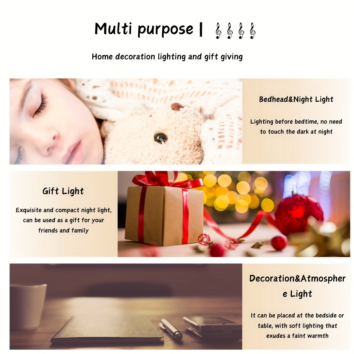 USB-Powered 3D Music Note Night Light for Bedroom Decor Kids Gift