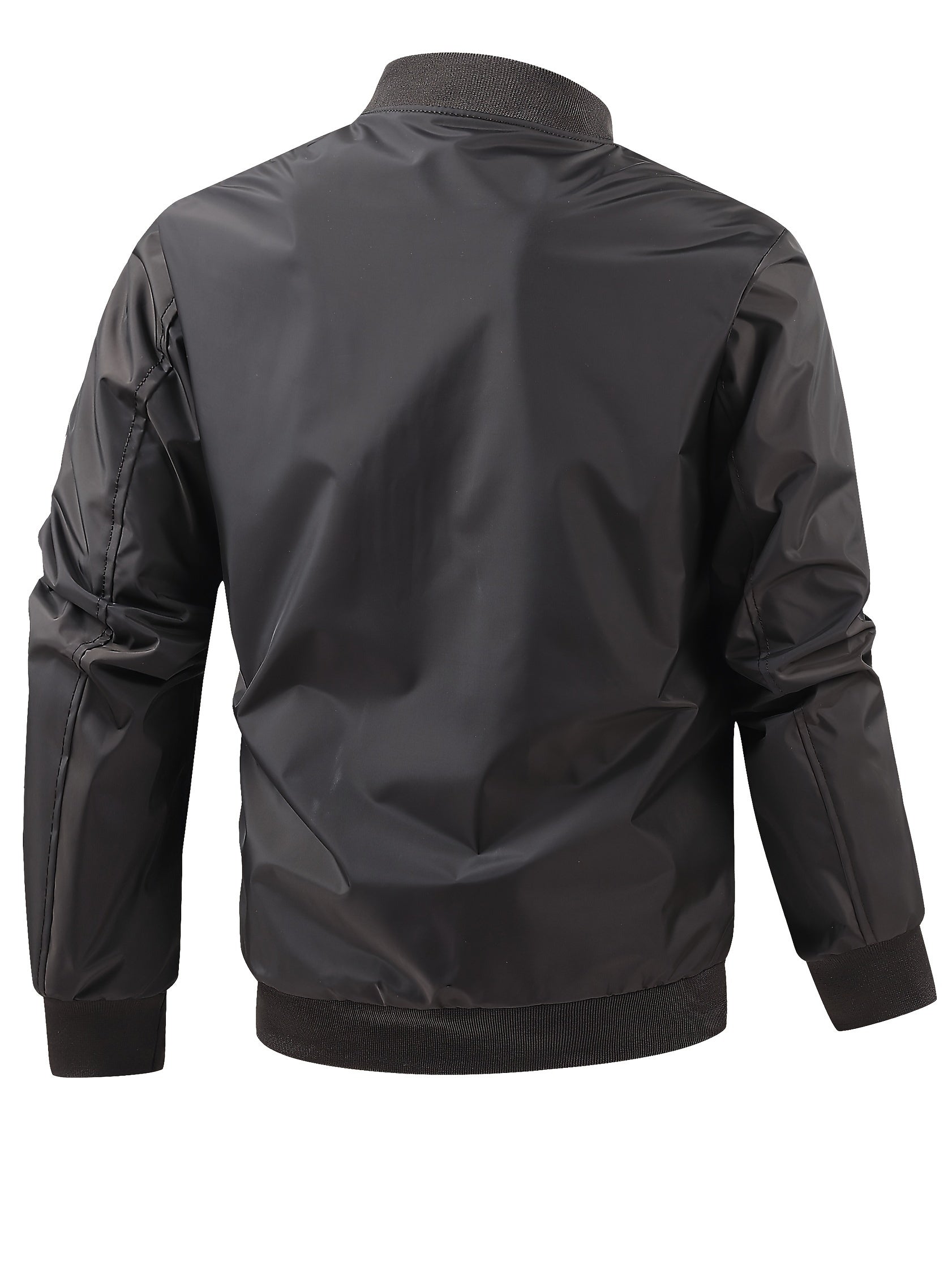Men's Plus Size Lightweight Black Bomber Jacket with Stand Collar and Zip Closure