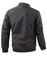 Men's Plus Size Lightweight Black Bomber Jacket with Stand Collar and Zip Closure