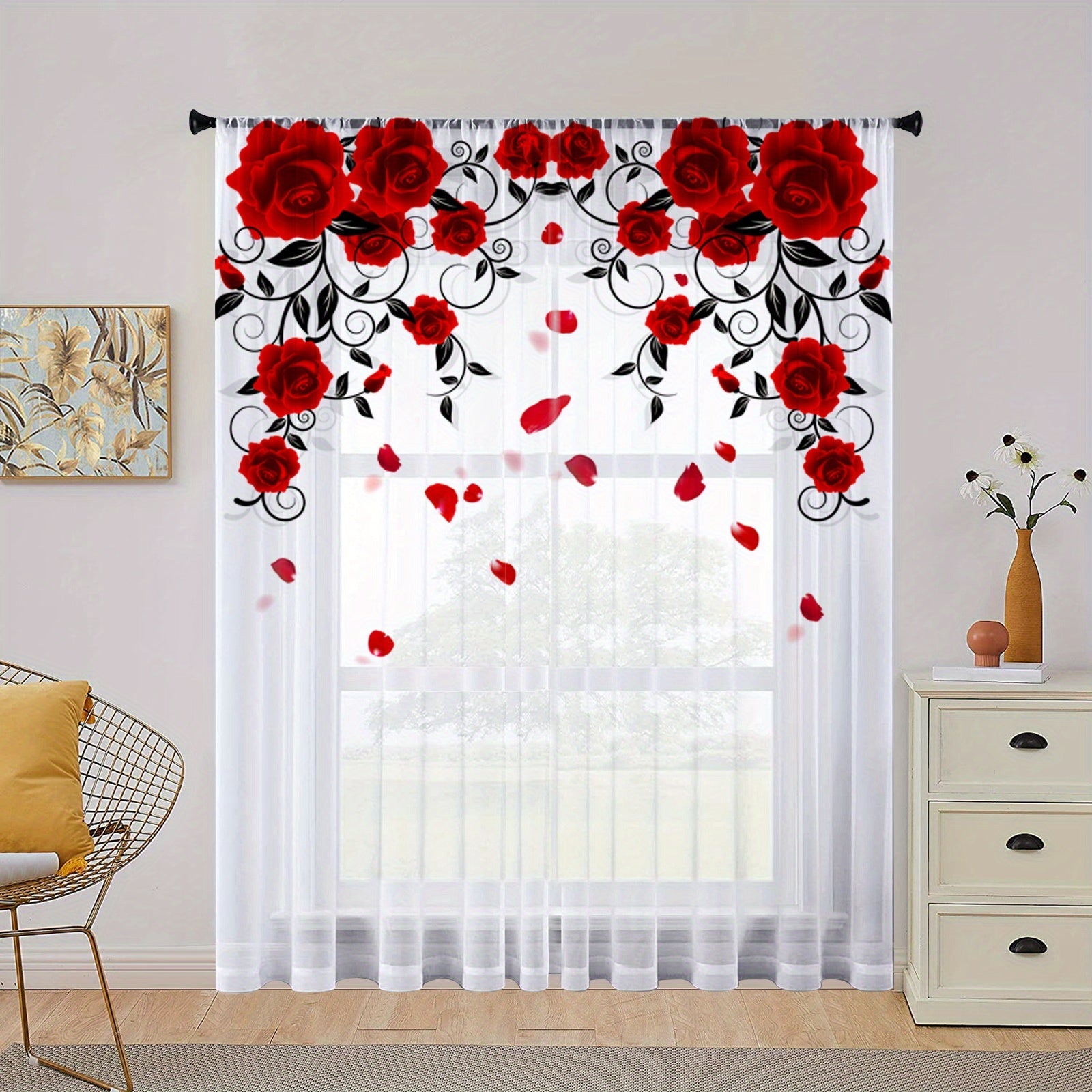 Red Rose Printed Curtain with Rod Pocket for Bedroom Living Room Kitchen Home Decor