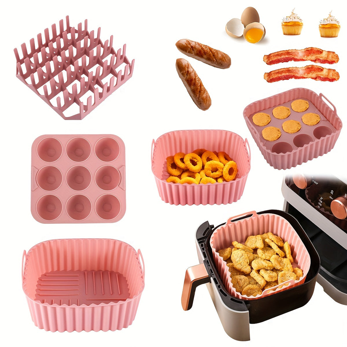 Square Air Fryer Silicone Set with Bacon Rack Cake Mold and Pan for 7QT+
