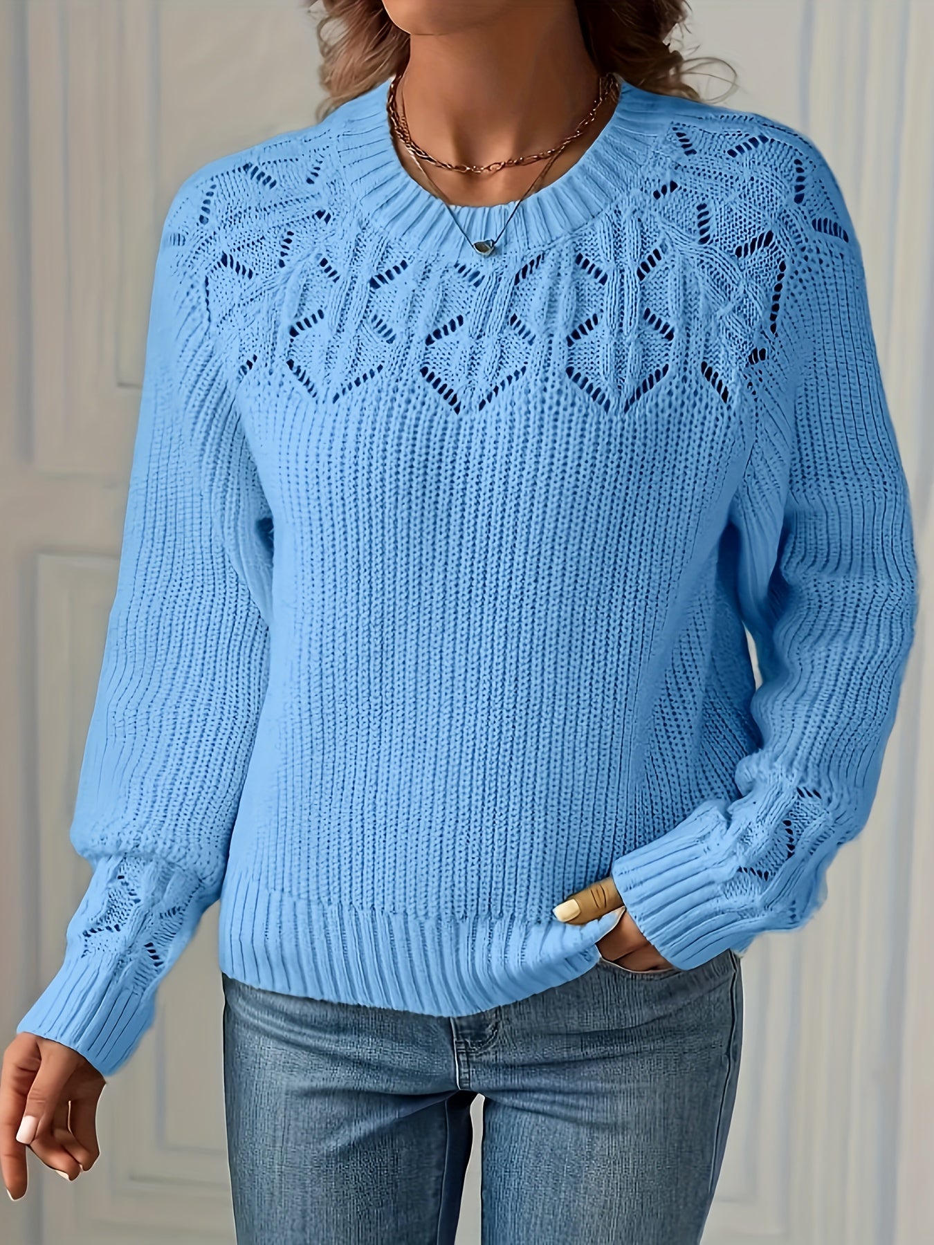 Suéter de punto para mujer de manga larga raglán con agujeros y elastano