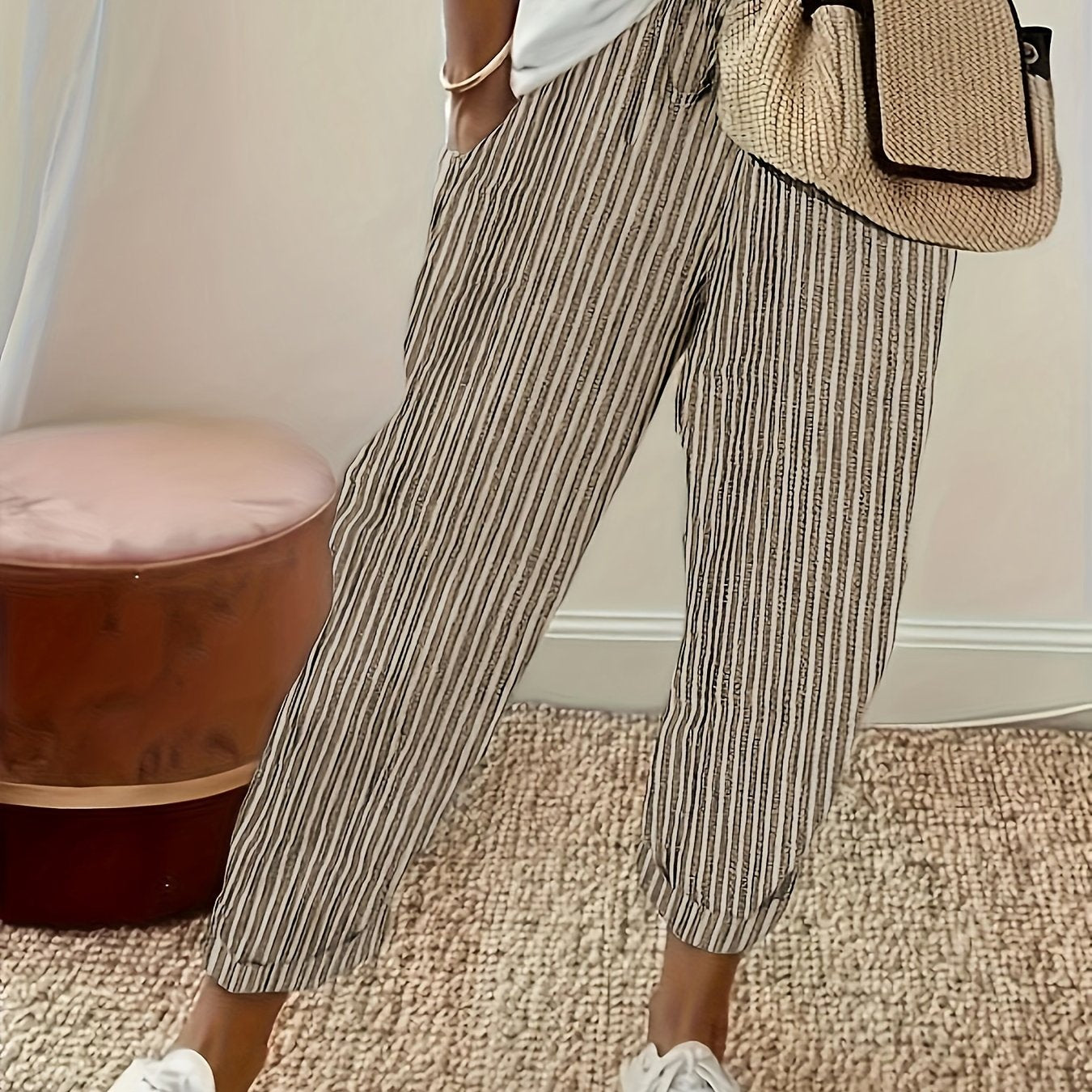 Women's High-Waisted Striped Wide Leg Pants Lightweight Polyester All-Season Casual