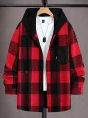 Plus Size Men's Plaid Hooded Shirt Long Sleeve Button-Up Polyester Blend Casual