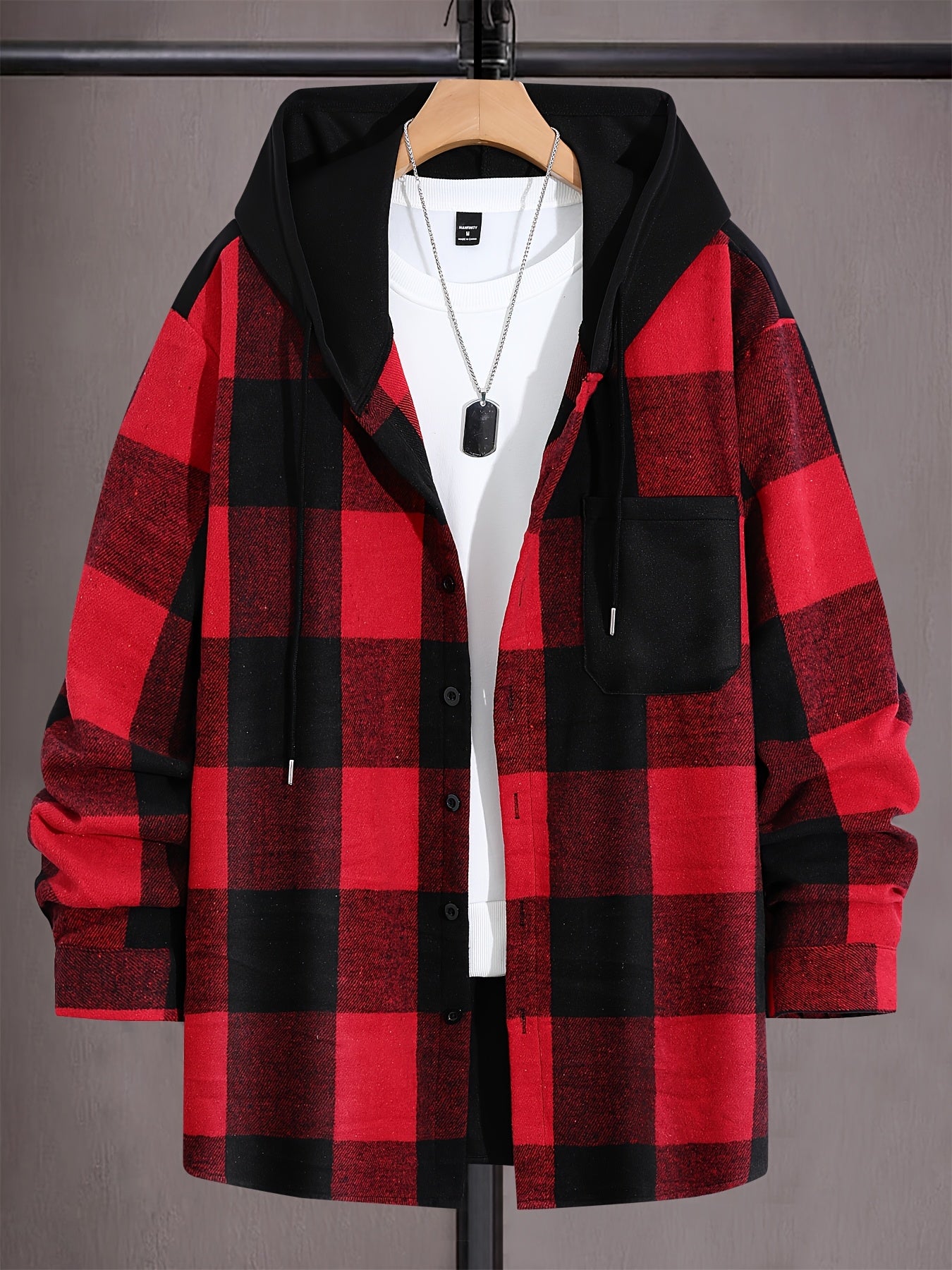 Plus Size Men's Plaid Hooded Shirt Long Sleeve Button-Up Polyester Blend Casual