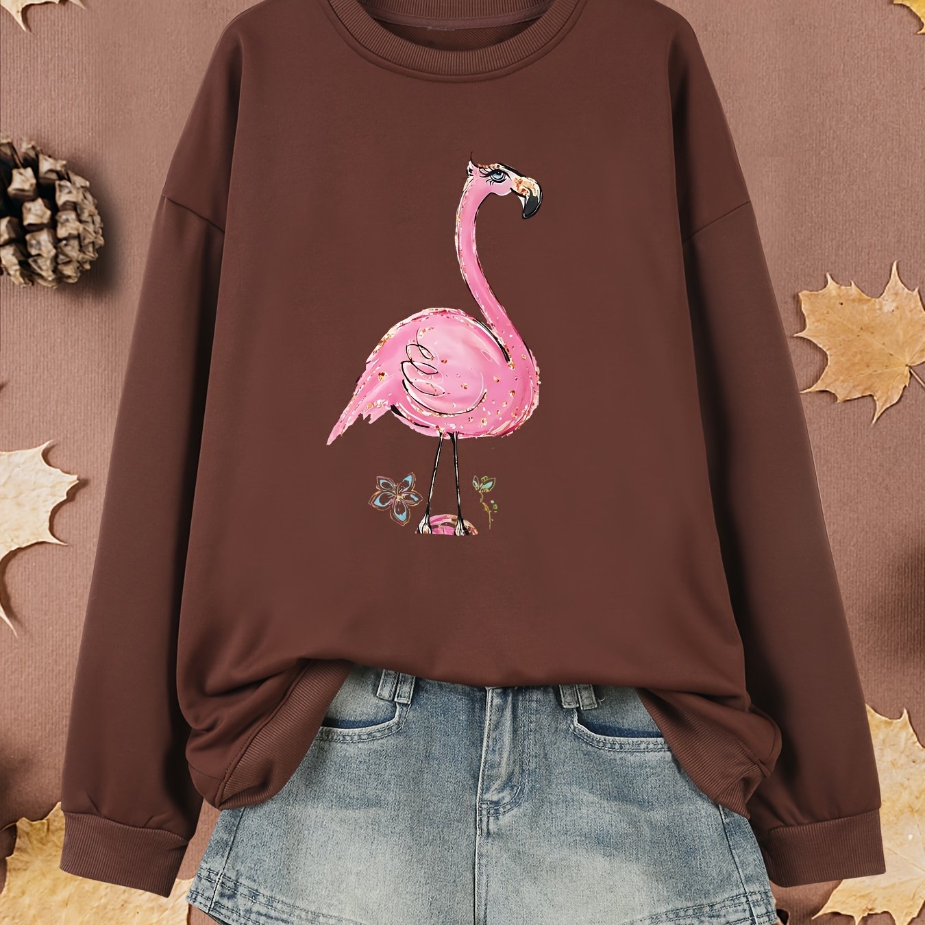 Women's Plus Size Flamingo Print Pullover Sweatshirt Long Sleeve Fall Spring