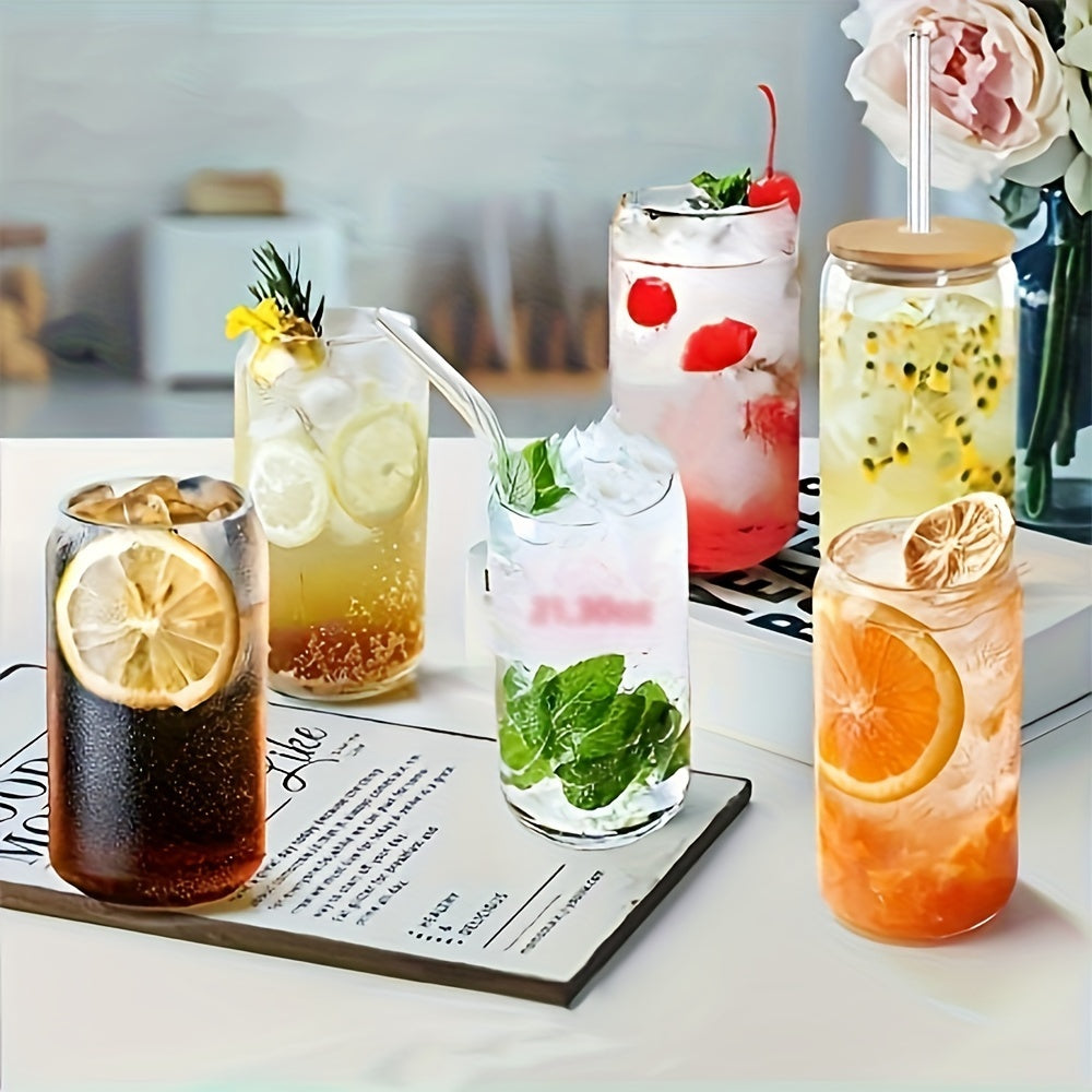 Bambuk qopqog'lar va quvurlar bilan 4 ta shisha suv stakanlari to'plami, issiq va sovuq ichimliklar uchun