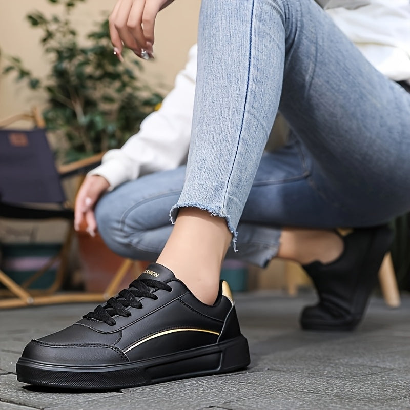 Women's Breathable White Sneakers - Lightweight Casual Shoes with Golden Accents