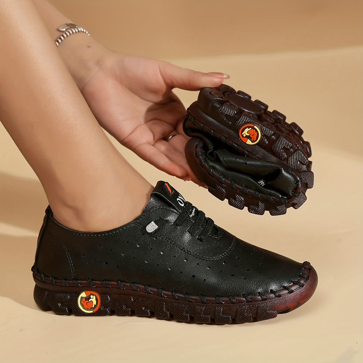 Women's Breathable Flat Sneakers with Hollow Out Design and Solid Color Lace-Up Shoes