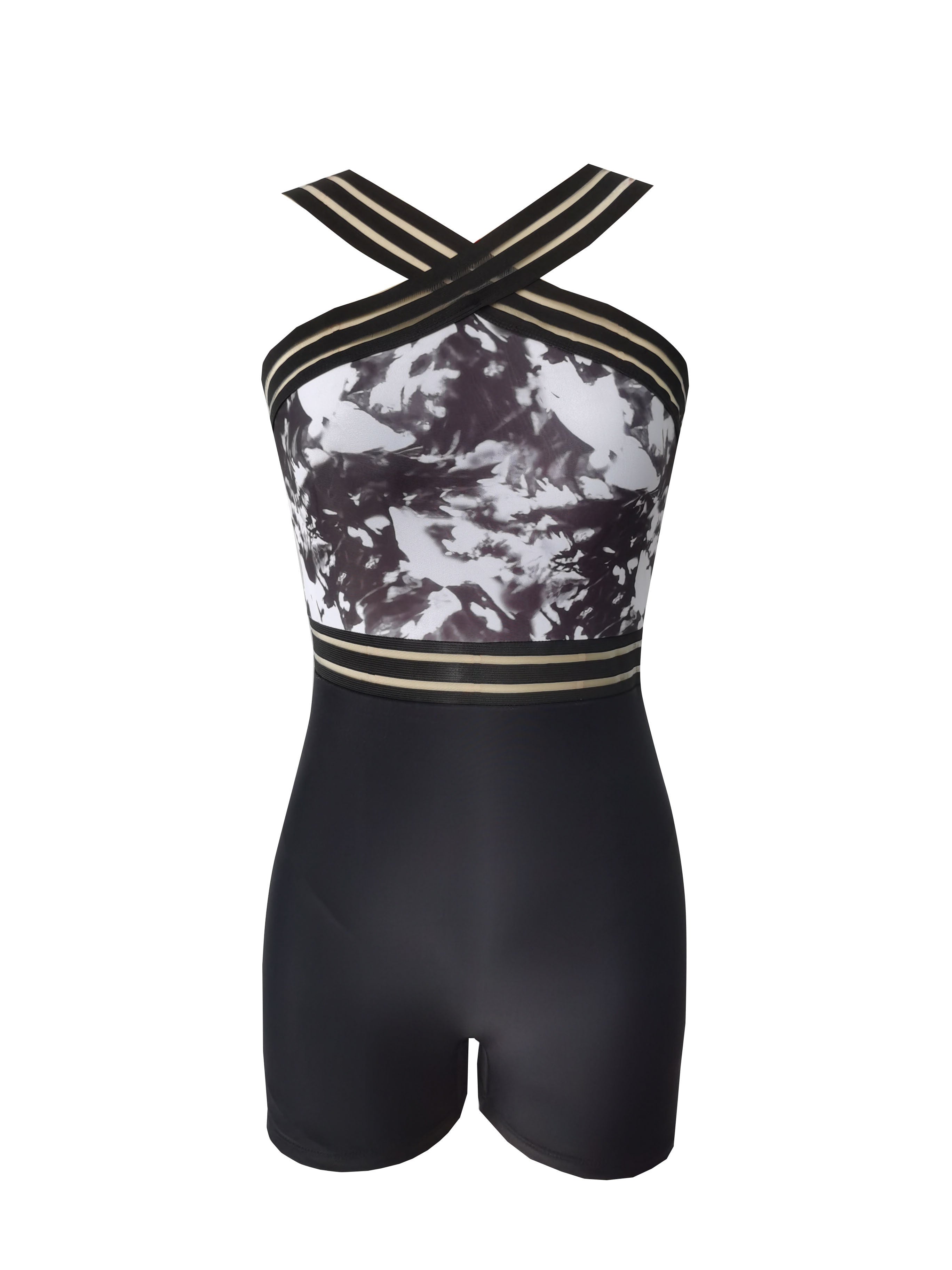 Women's Mesh One Piece Swimsuit with Criss Cross Neck and Boxer Short Bottom