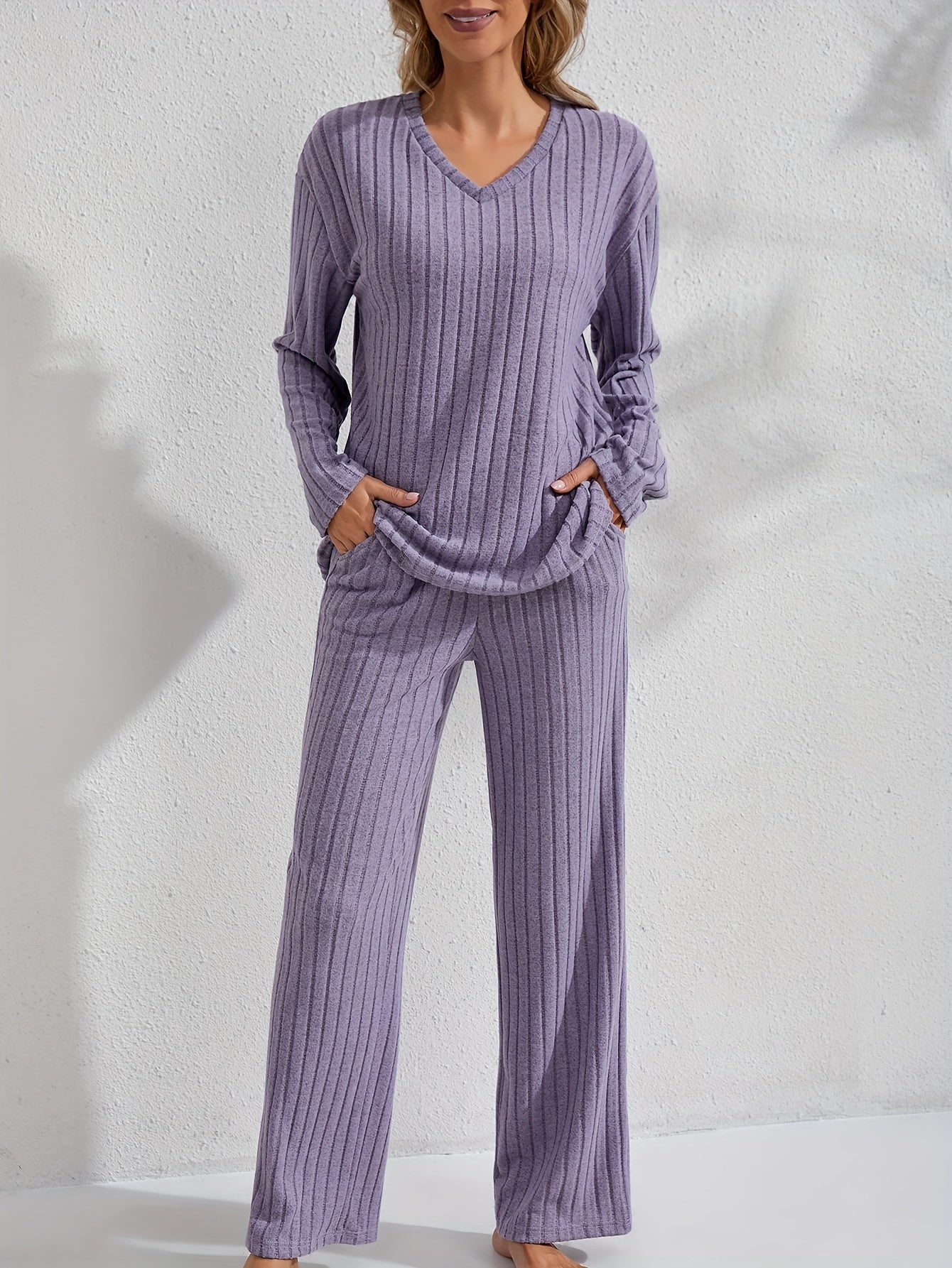 Women's Long Sleeve Pajama Set with Pants for Autumn Winter Solid Color Micro Elastic Polyester
