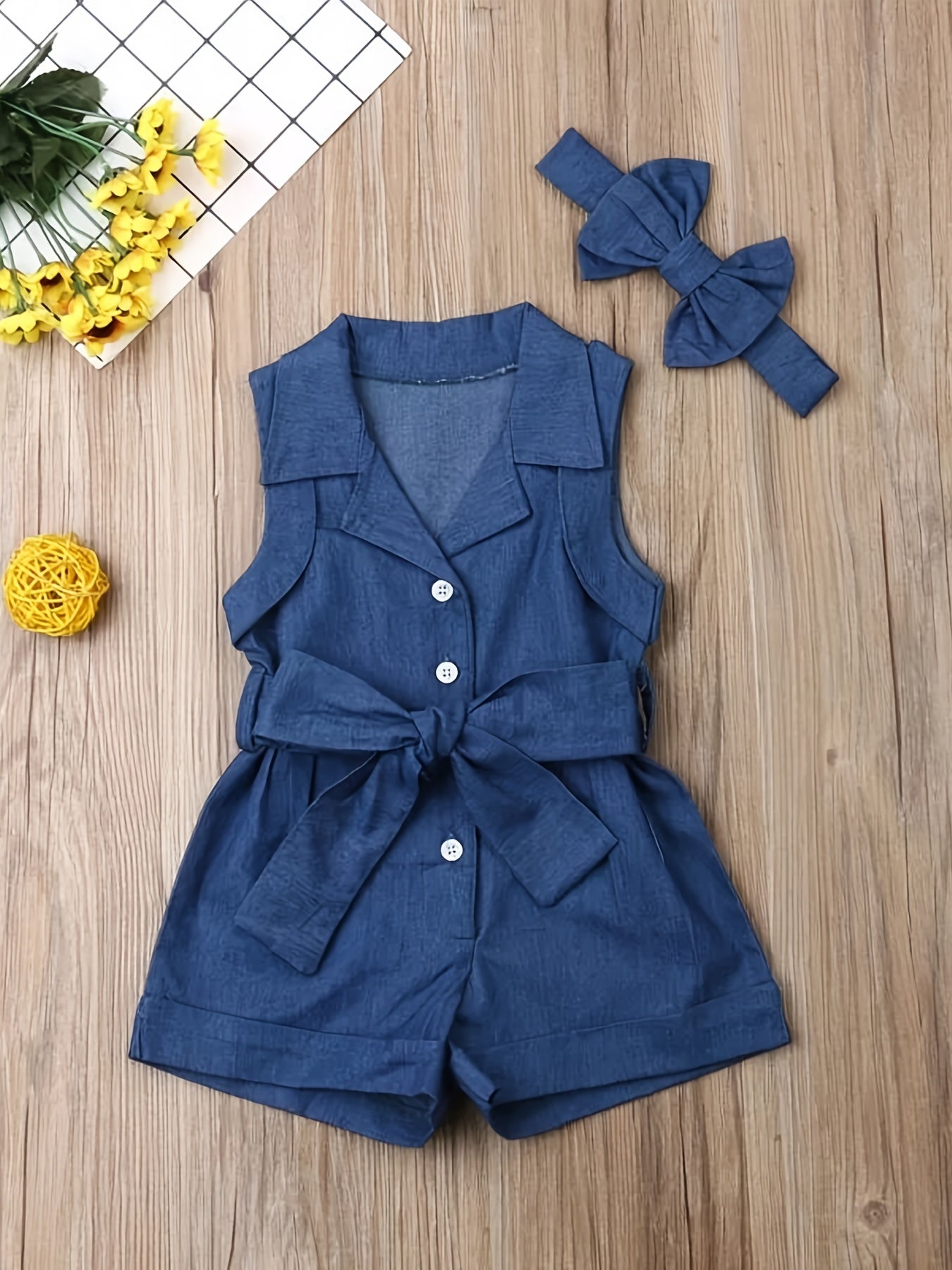 Kids' Summer Denim Romper Set with Belt and Bow Headband for Girls