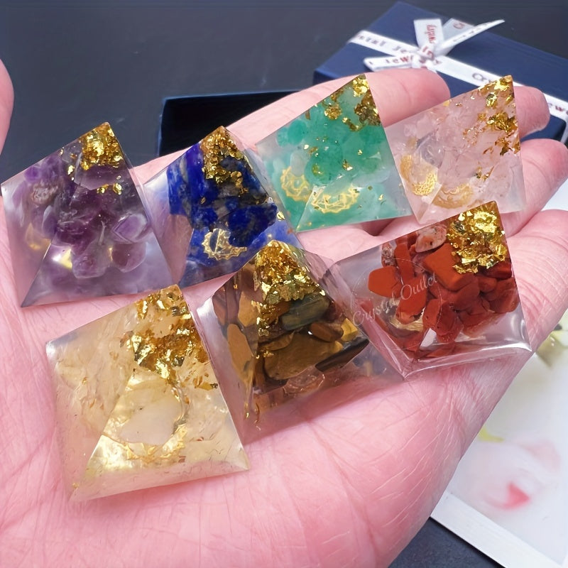 Set of 7 Natural Crystal Orgone Mini Pyramids in Gift Box Reiki Healing Gemstone Resin Decor