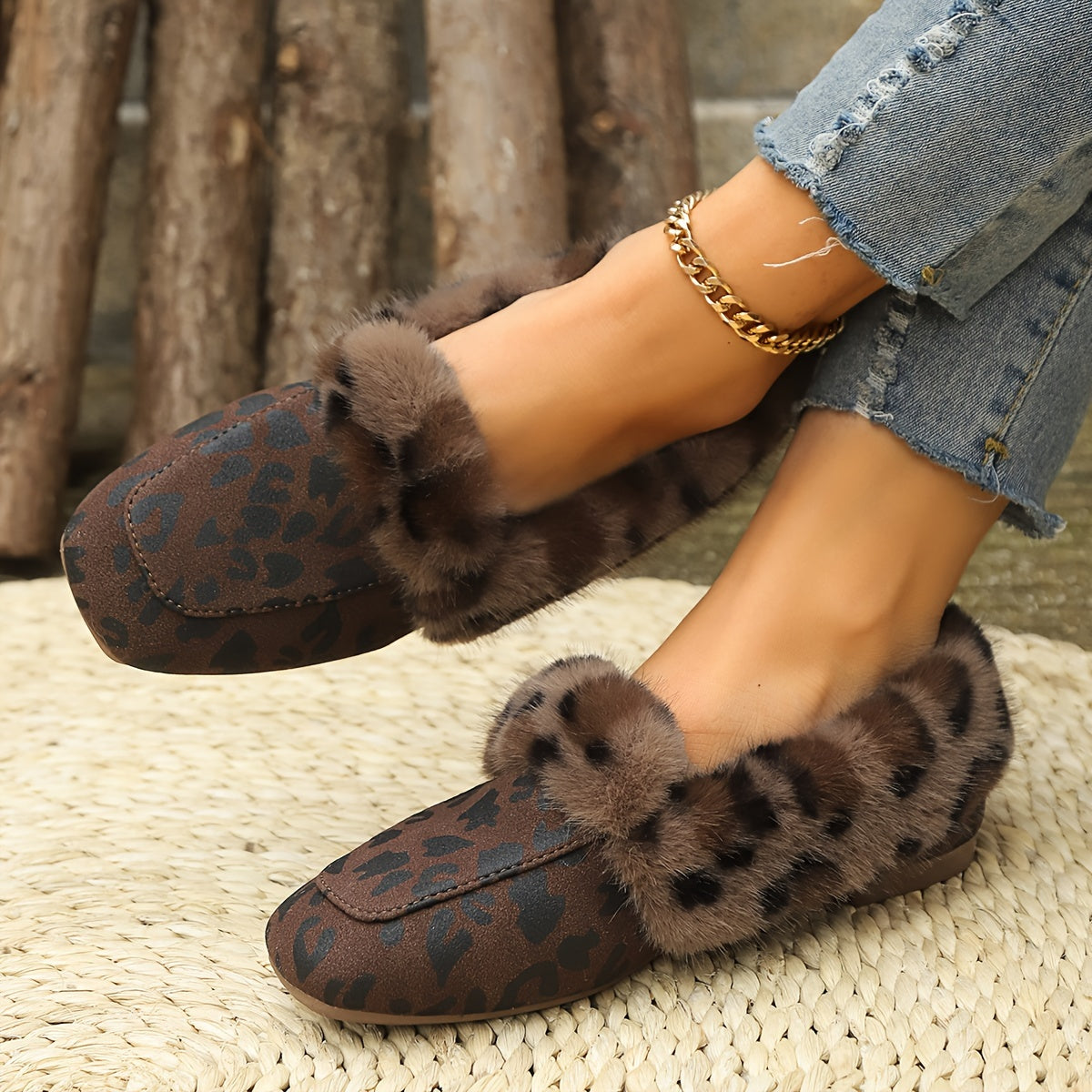Women’s Leopard Print Plush Slippers Warm Faux Fur Indoor Shoes