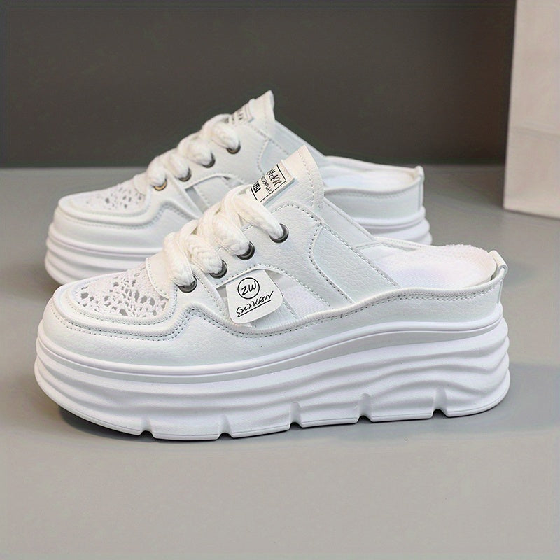 Women's Breathable Platform Mule Sneakers with Cutout Design and Lace-Up Closure