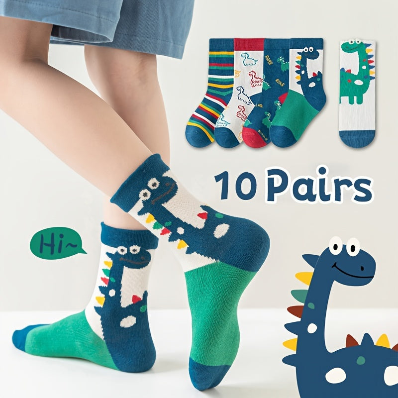 Boys' Dinosaur Pattern Crew Socks 10 Pairs All-Season Cotton Blend